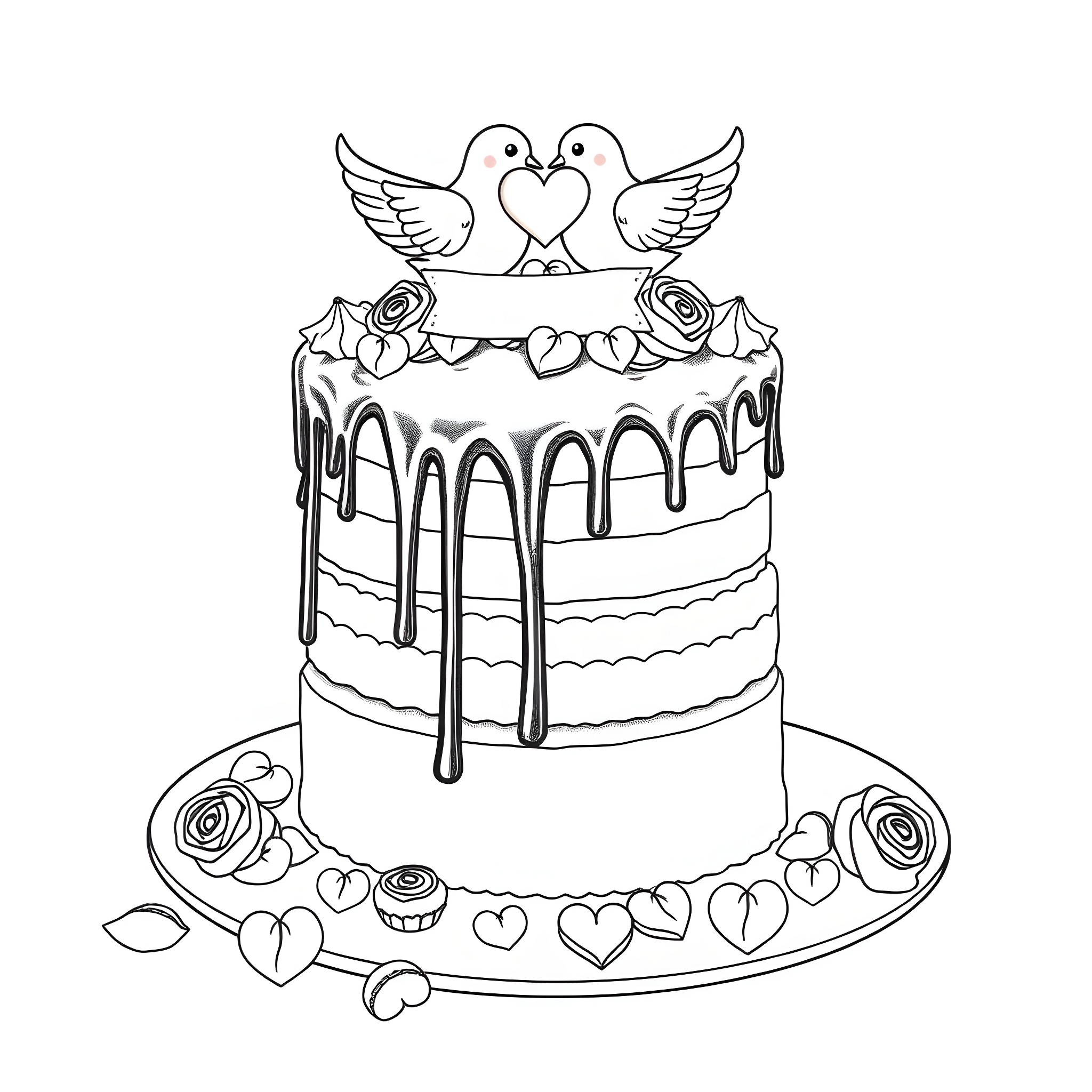 Cake with Doves and Heart Decorations Coloring Page (free black-and-white line drawing printable PDF for all, from beginners to advanced learners, including children, teens, adults, and seniors)