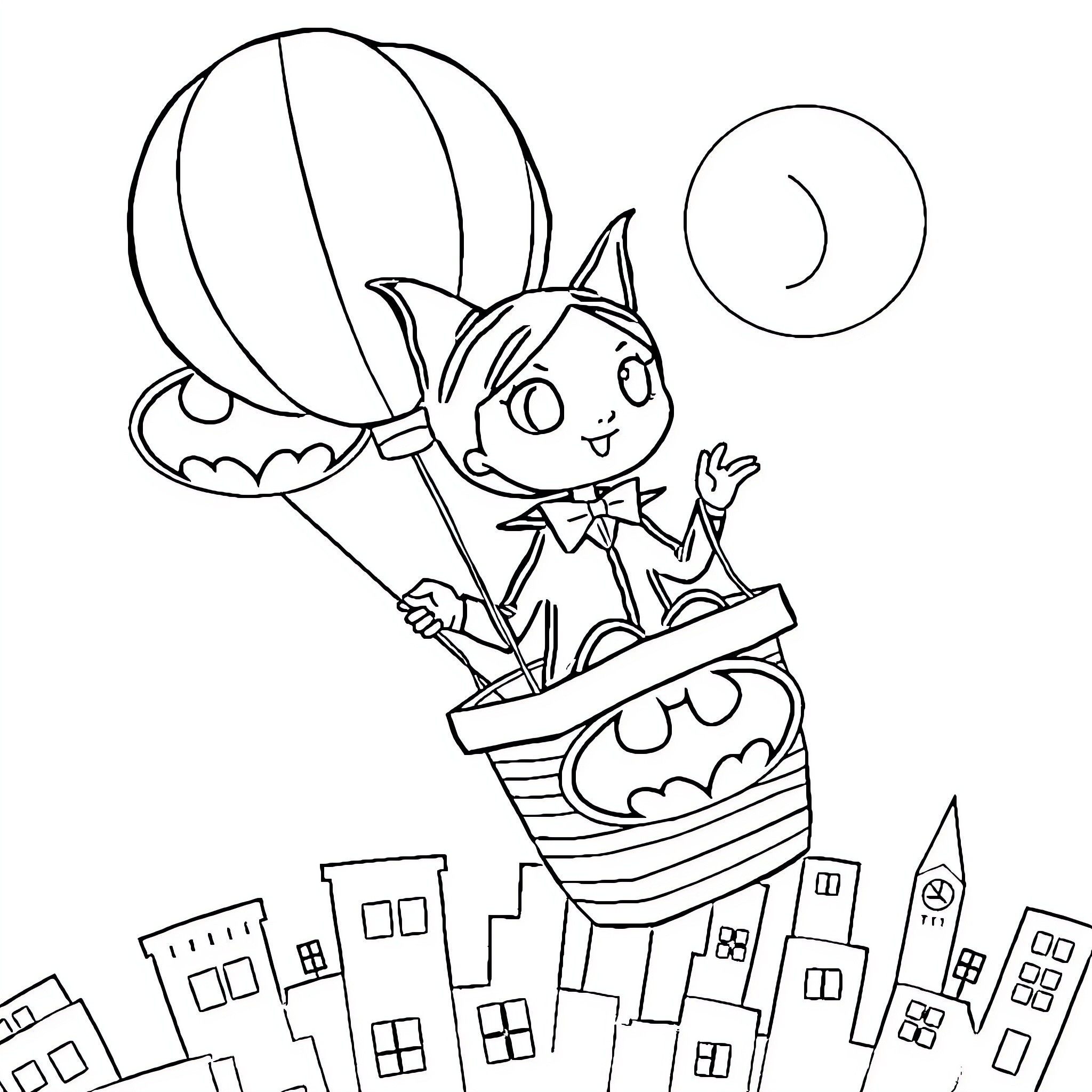 Wednesday Adams exploring the city in a hot air balloon Coloring Page (free black-and-white line drawing printable PDF for all, from beginners to advanced learners, including children, teens, adults, and seniors)