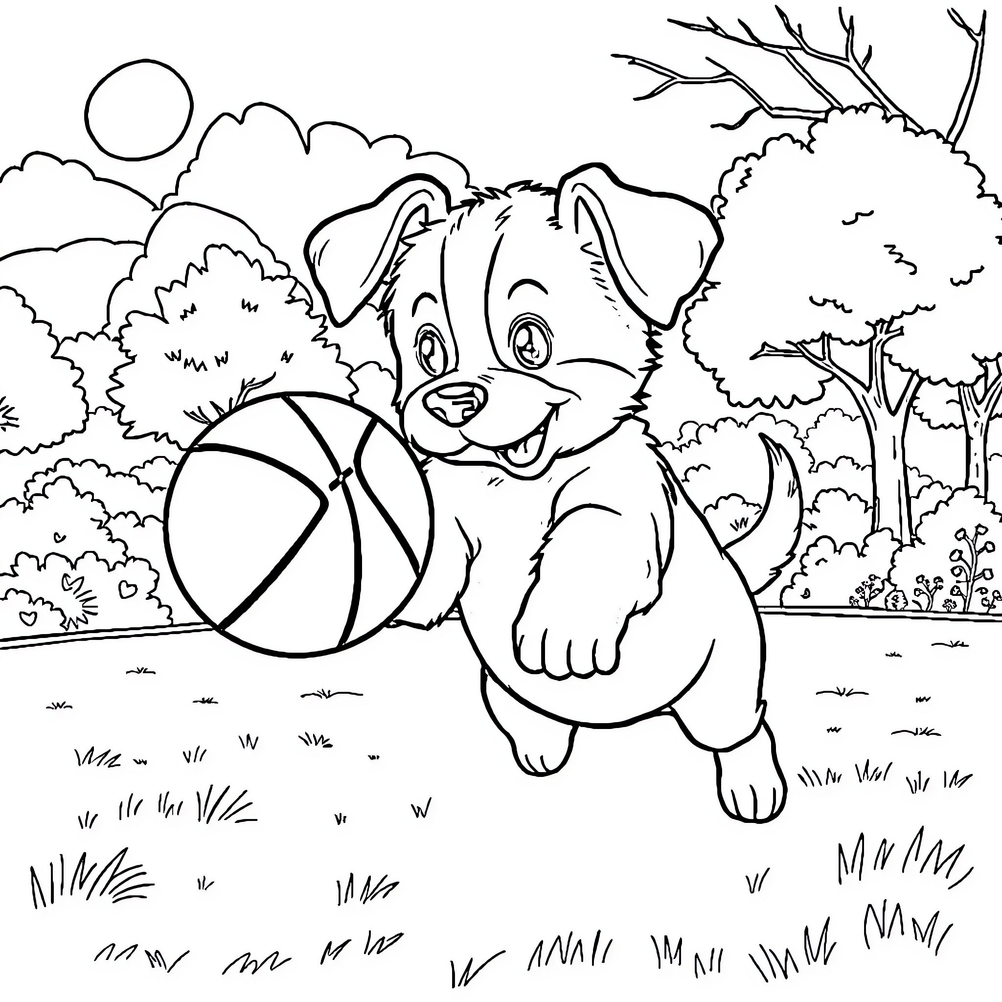 Puppy playing with basketball in nature Coloring Page (free black-and-white line drawing printable PDF for all, from beginners to advanced learners, including children, teens, adults, and seniors)