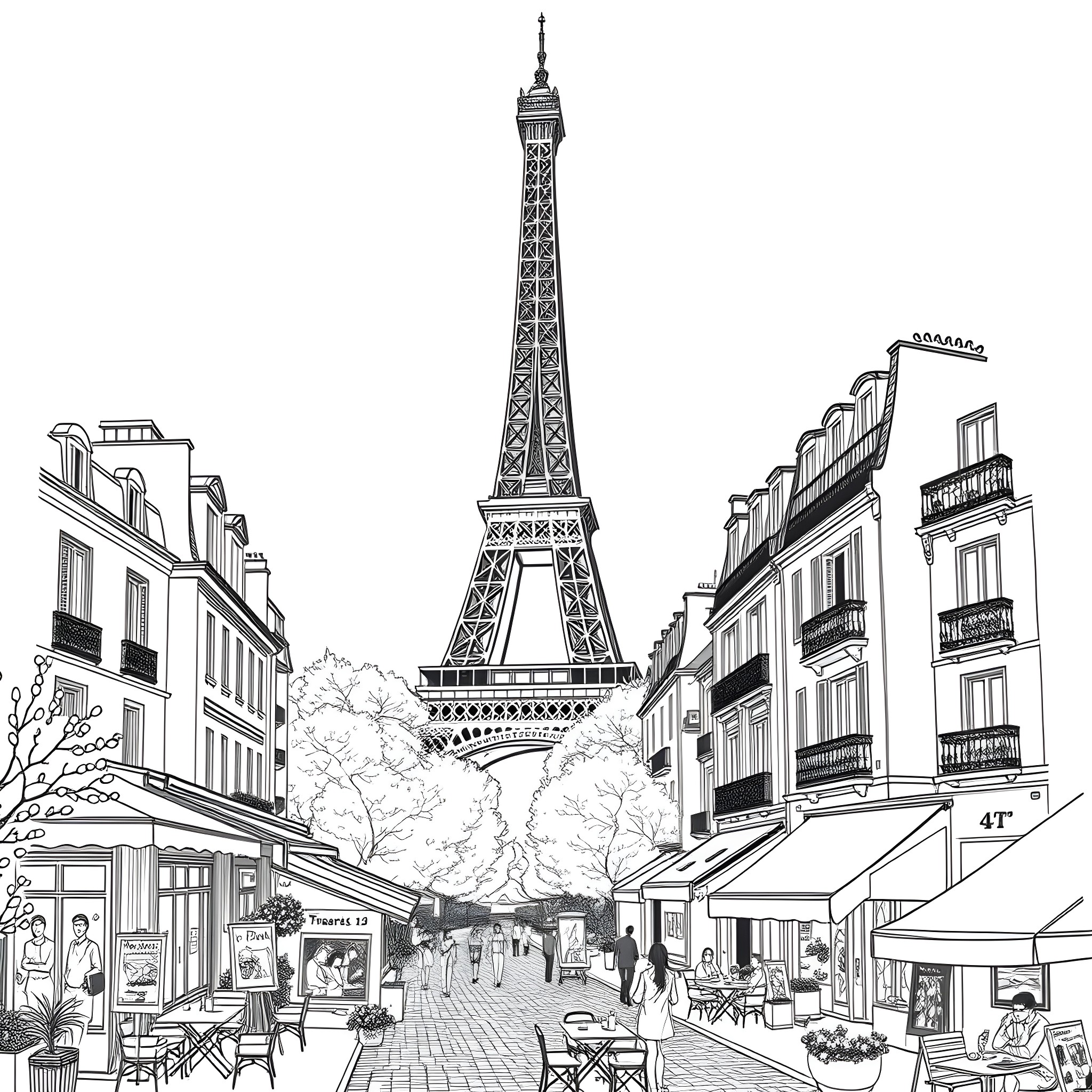 City scene with Eiffel Tower and people at outdoor cafes Coloring Page (free black-and-white line drawing printable PDF for all, from beginners to advanced learners, including children, teens, adults, and seniors)