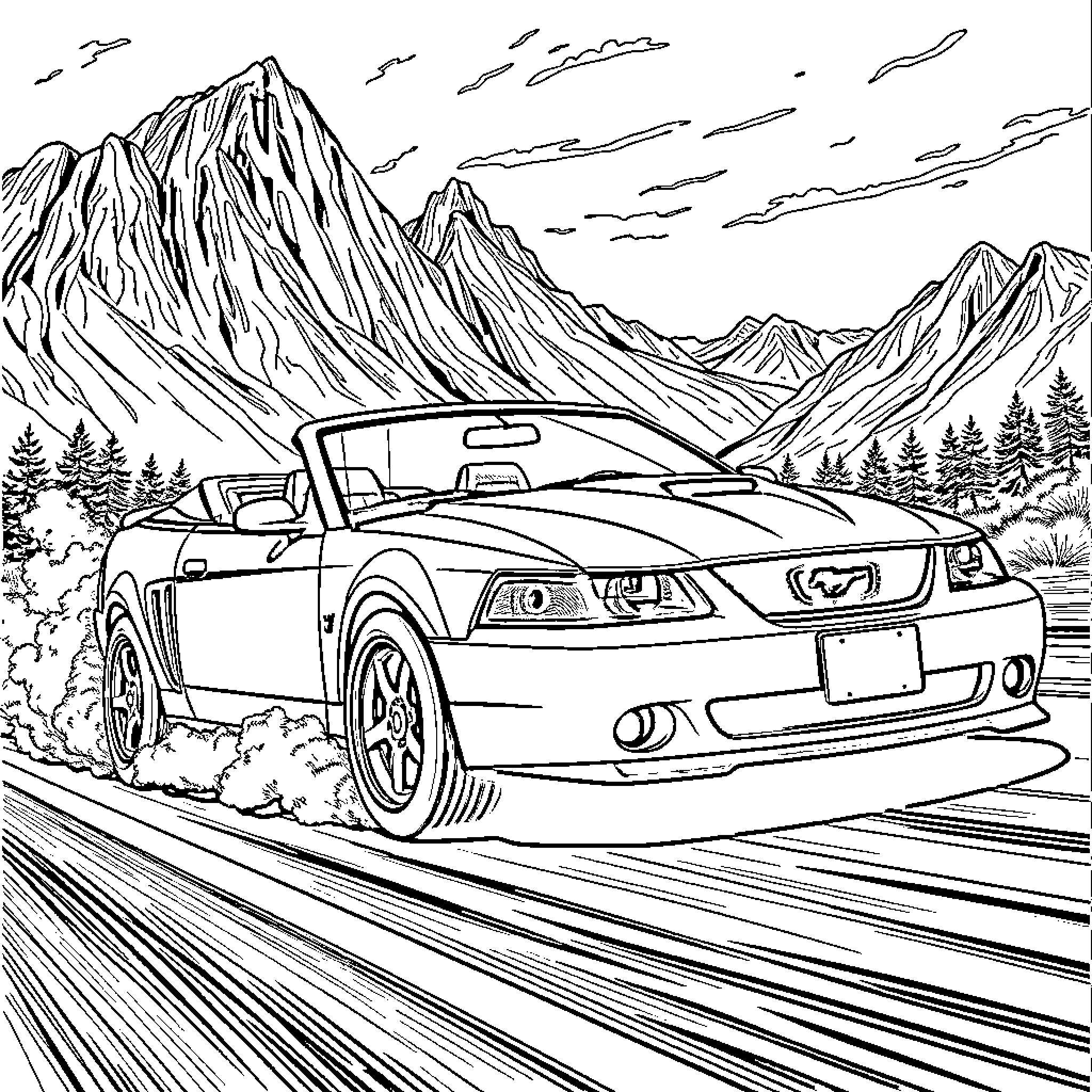 Mustang speeding through the scenic mountain landscape Coloring Page (free black-and-white line drawing printable PDF for all, from beginners to advanced learners, including children, teens, adults, and seniors)