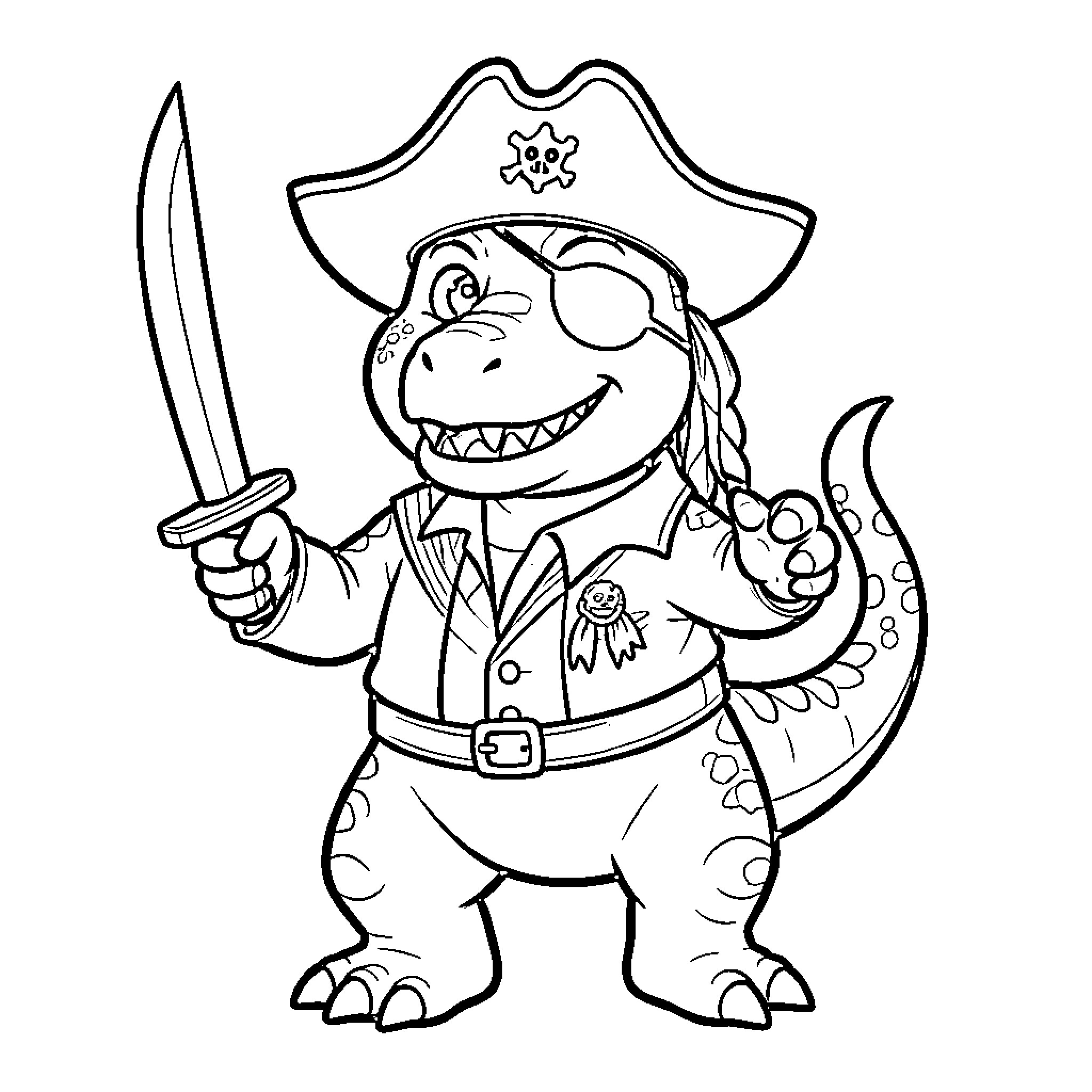 Pirate Dinosaur wielding sword and smiling Coloring Page (free black-and-white line drawing printable PDF for all, from beginners to advanced learners, including children, teens, adults, and seniors)