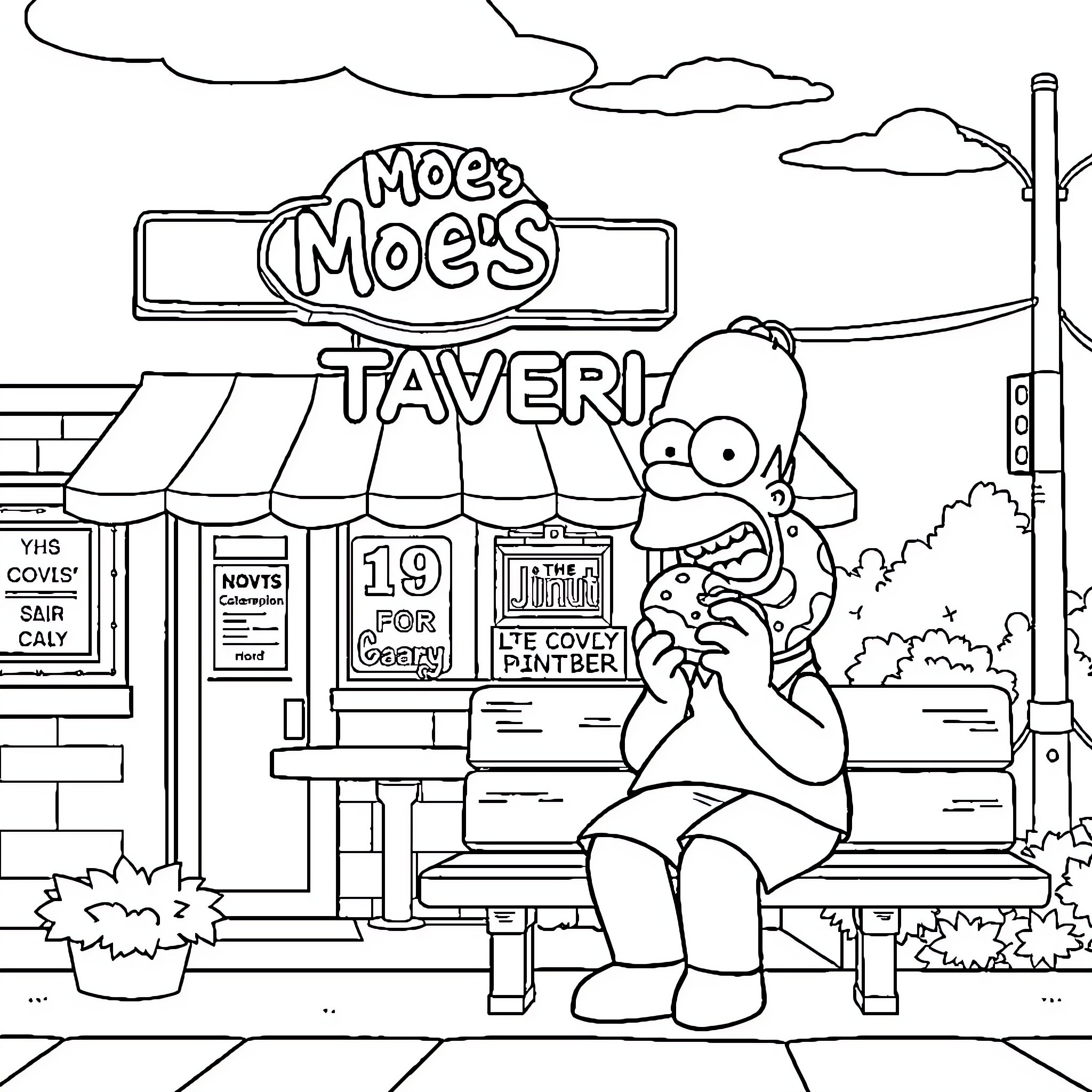 Homer Simpson at Moe's Tavern Coloring Page (free black-and-white line drawing printable PDF for all, from beginners to advanced learners, including children, teens, adults, and seniors)
