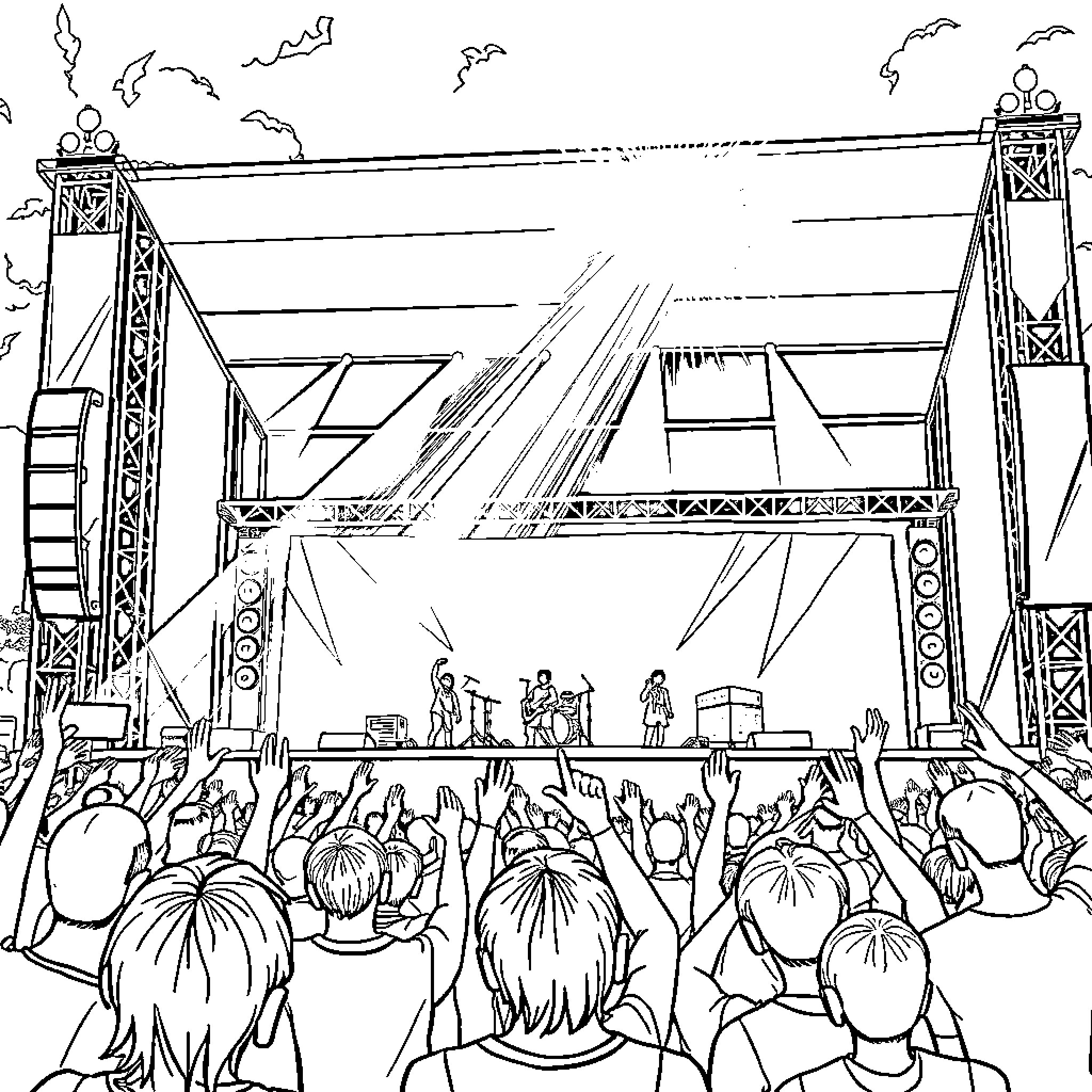 BTS Group Performing on Stage at a Concert Coloring Page (free black-and-white line drawing printable PDF for all, from beginners to advanced learners, including children, teens, adults, and seniors)