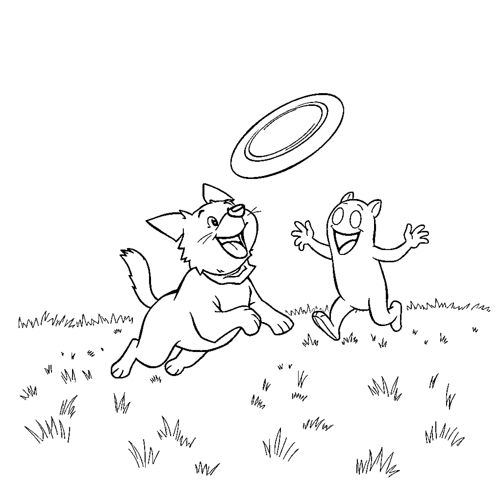 Dog playing joyfully with friend in the field Coloring Page (free black-and-white line drawing printable PDF for all, from beginners to advanced learners, including children, teens, adults, and seniors)