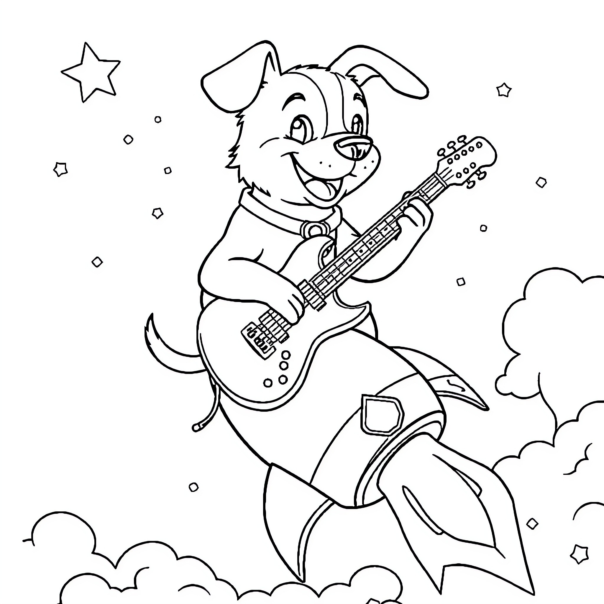 Dog playing guitar in the night sky Coloring Page (free black-and-white line drawing printable PDF for all, from beginners to advanced learners, including children, teens, adults, and seniors)