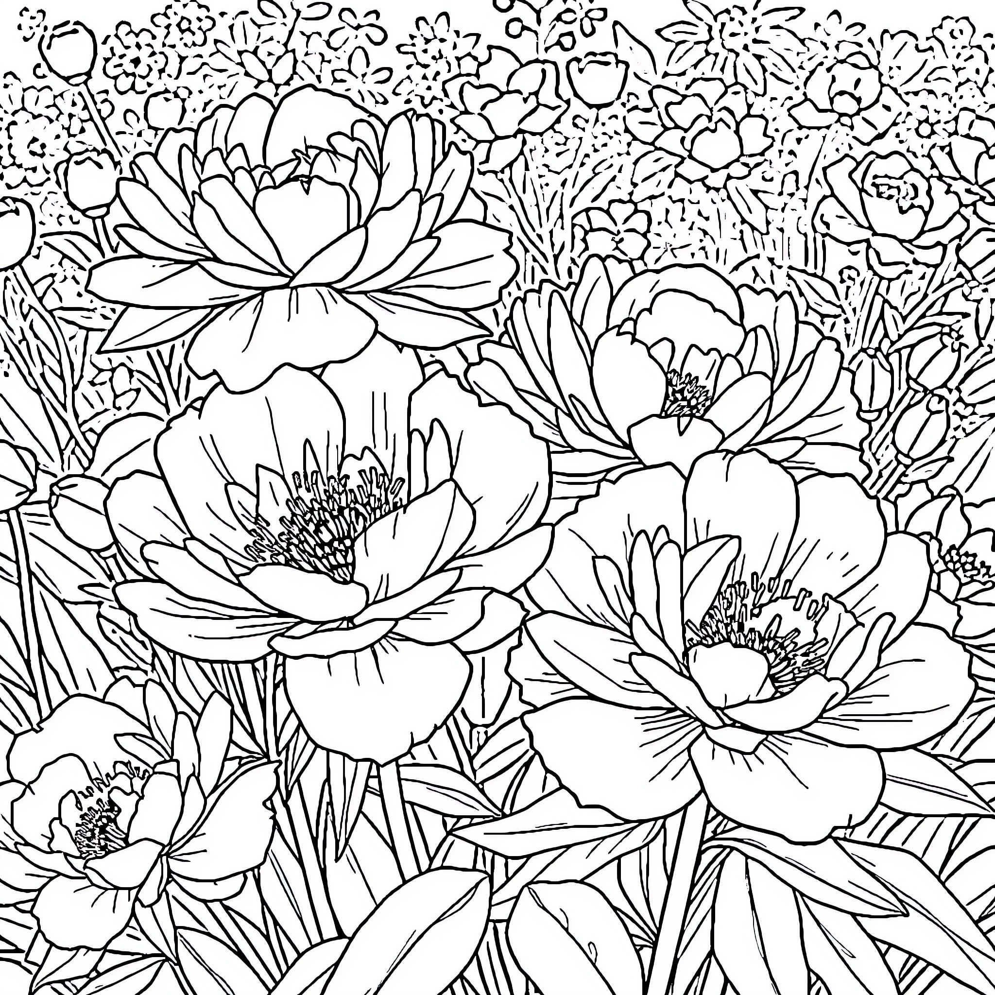 Peony flowers in a lush, whimsical garden Coloring Page (free black-and-white line drawing printable PDF for all, from beginners to advanced learners, including children, teens, adults, and seniors)