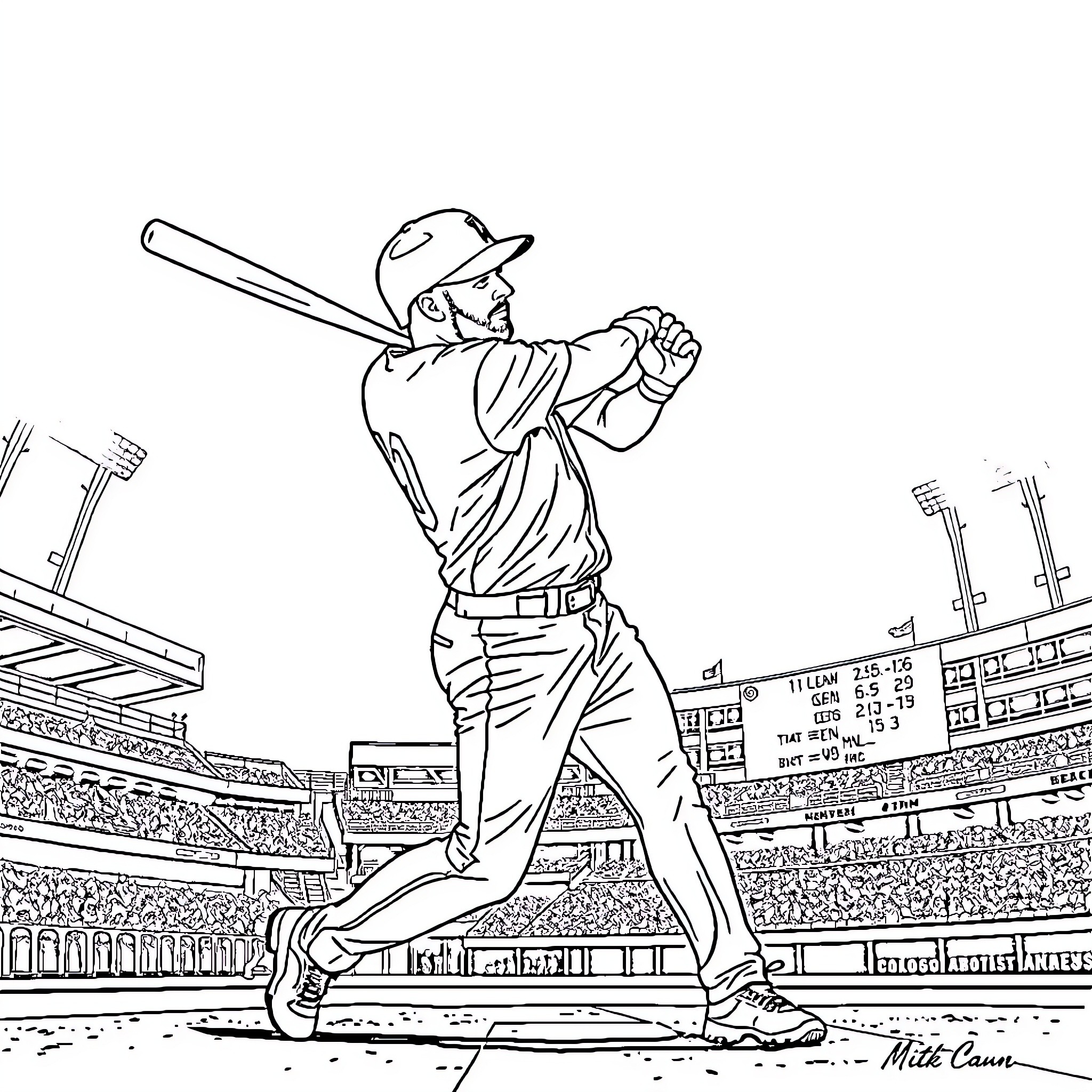 Mike Trout batting at the stadium Coloring Page (free black-and-white line drawing printable PDF for all, from beginners to advanced learners, including children, teens, adults, and seniors)