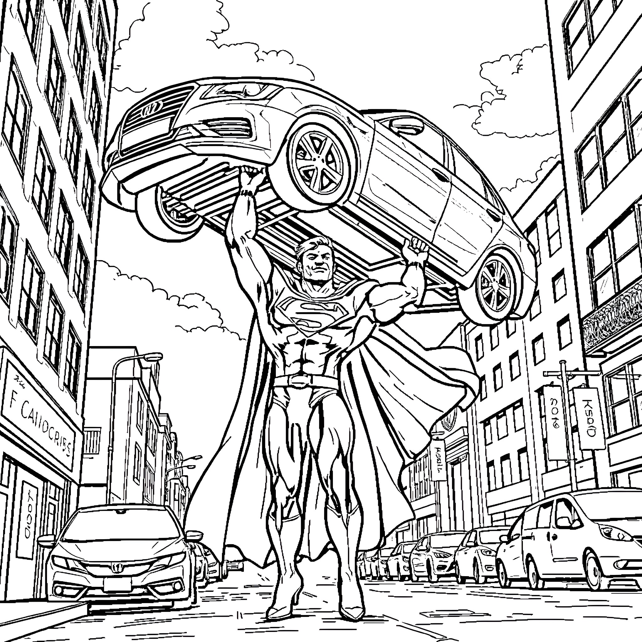 Superman lifting a car in the city Coloring Page (free black-and-white line drawing printable PDF for all, from beginners to advanced learners, including children, teens, adults, and seniors)