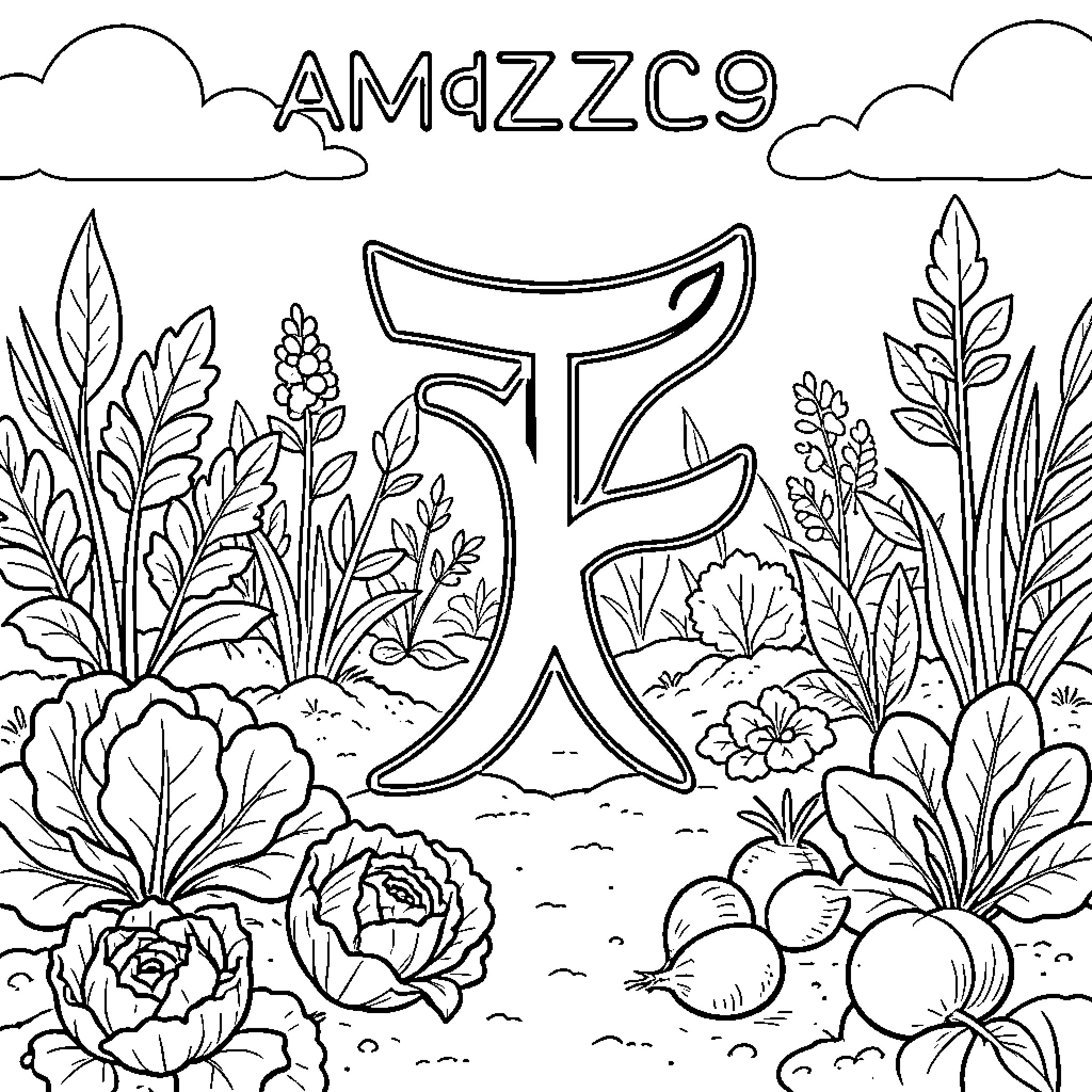Amazigh Symbol surrounded by diverse garden plants Coloring Page (free black-and-white line drawing printable PDF for all, from beginners to advanced learners, including children, teens, adults, and seniors)
