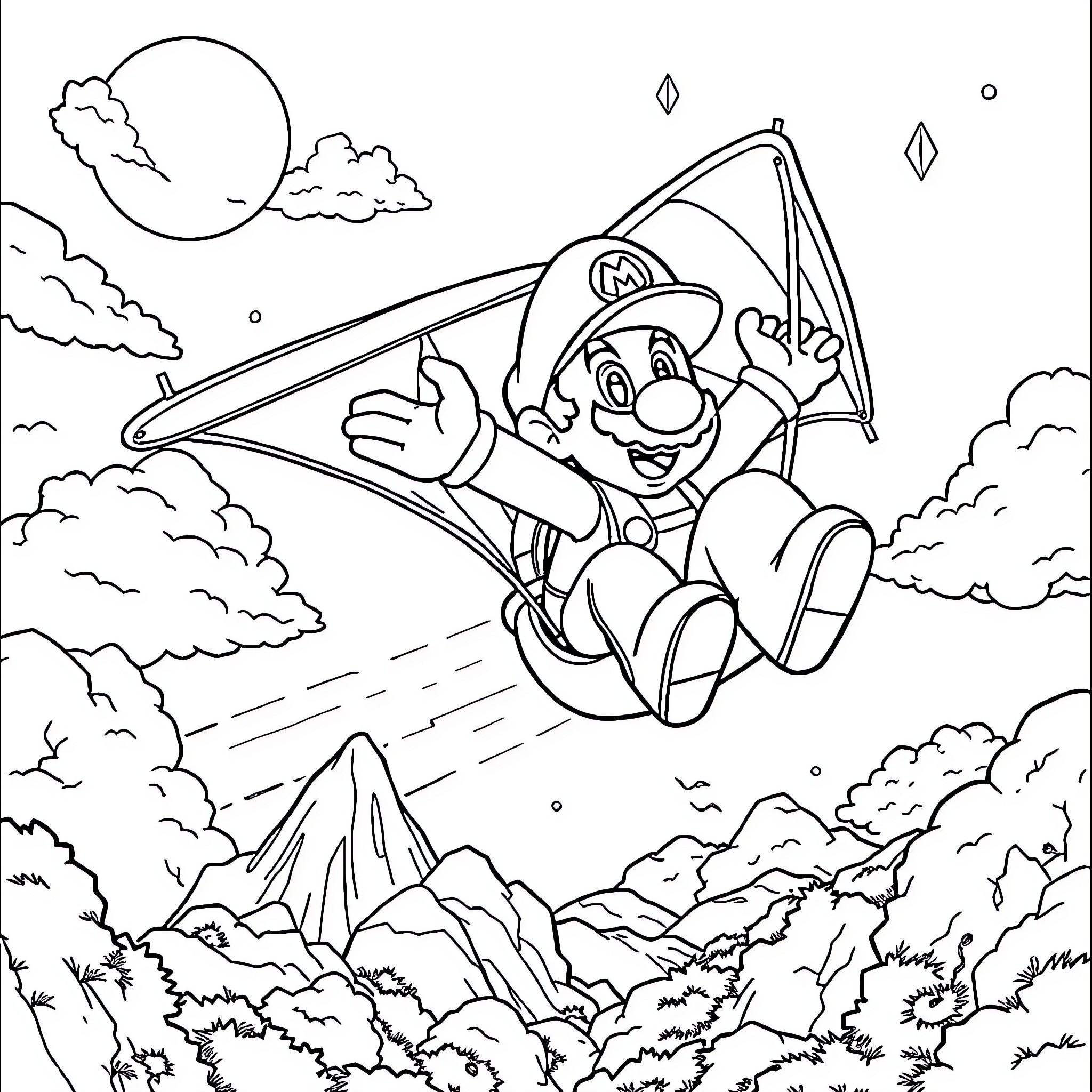 Mario soaring in a glider over the mountains Coloring Page (free black-and-white line drawing printable PDF for all, from beginners to advanced learners, including children, teens, adults, and seniors)