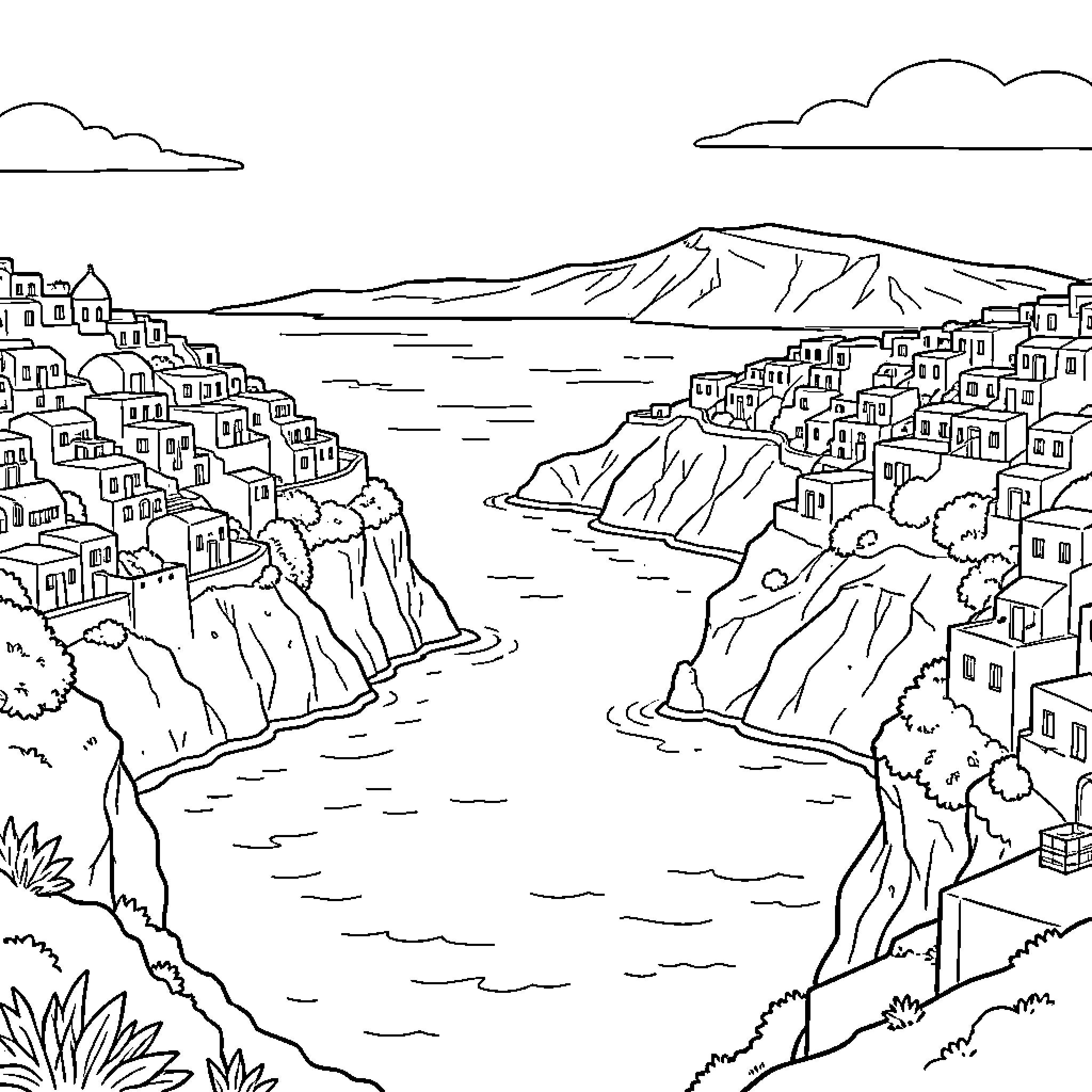 Santorini's scenic island landscape Coloring Page (free black-and-white line drawing printable PDF for all, from beginners to advanced learners, including children, teens, adults, and seniors)