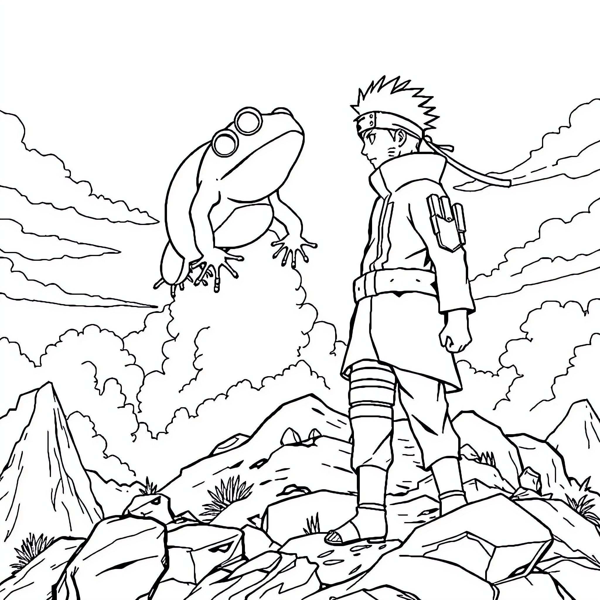 Naruto exploring the wilderness with a curious frog Coloring Page (free black-and-white line drawing printable PDF for all, from beginners to advanced learners, including children, teens, adults, and seniors)