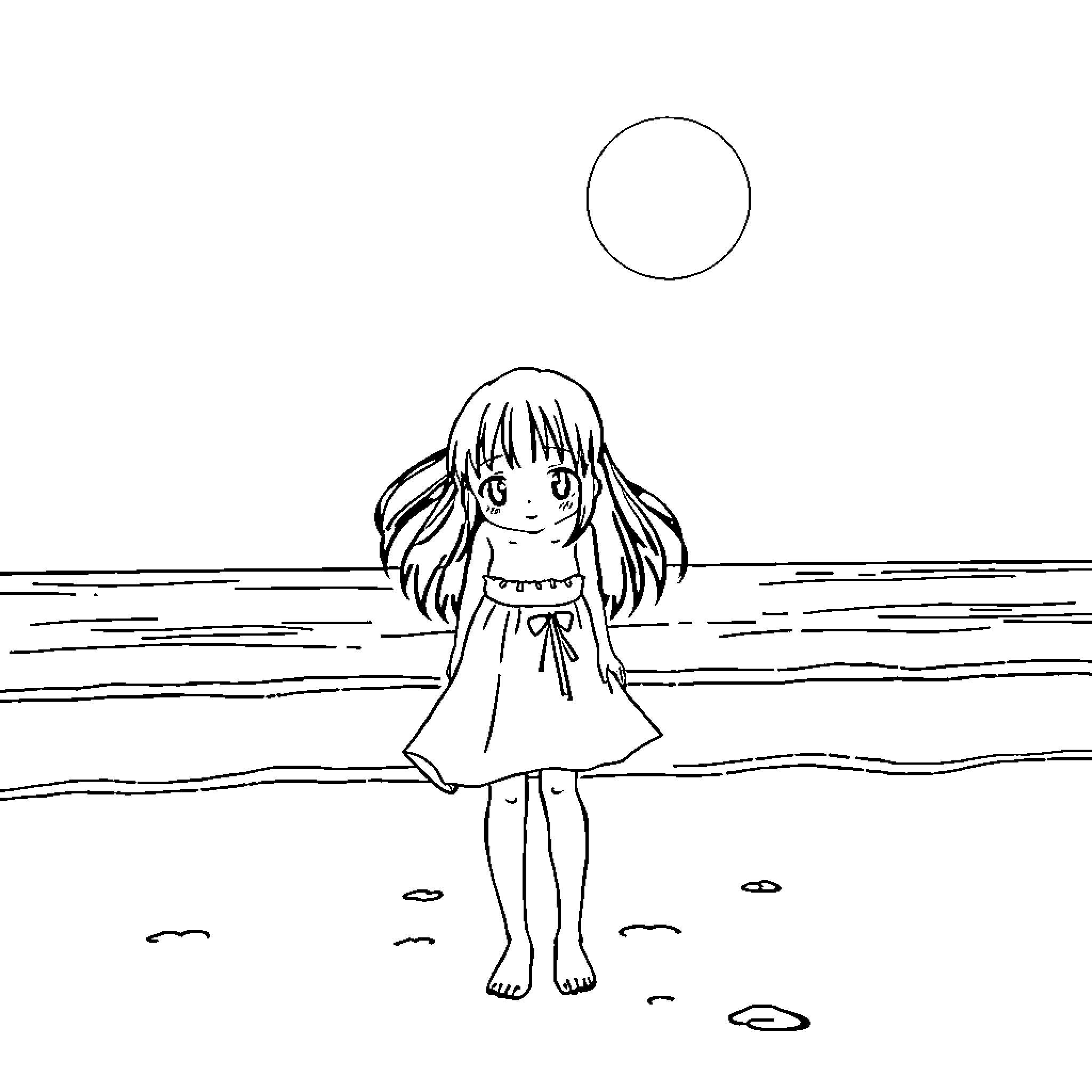 Hinata enjoying a peaceful day at the beach Coloring Page (free black-and-white line drawing printable PDF for all, from beginners to advanced learners, including children, teens, adults, and seniors)