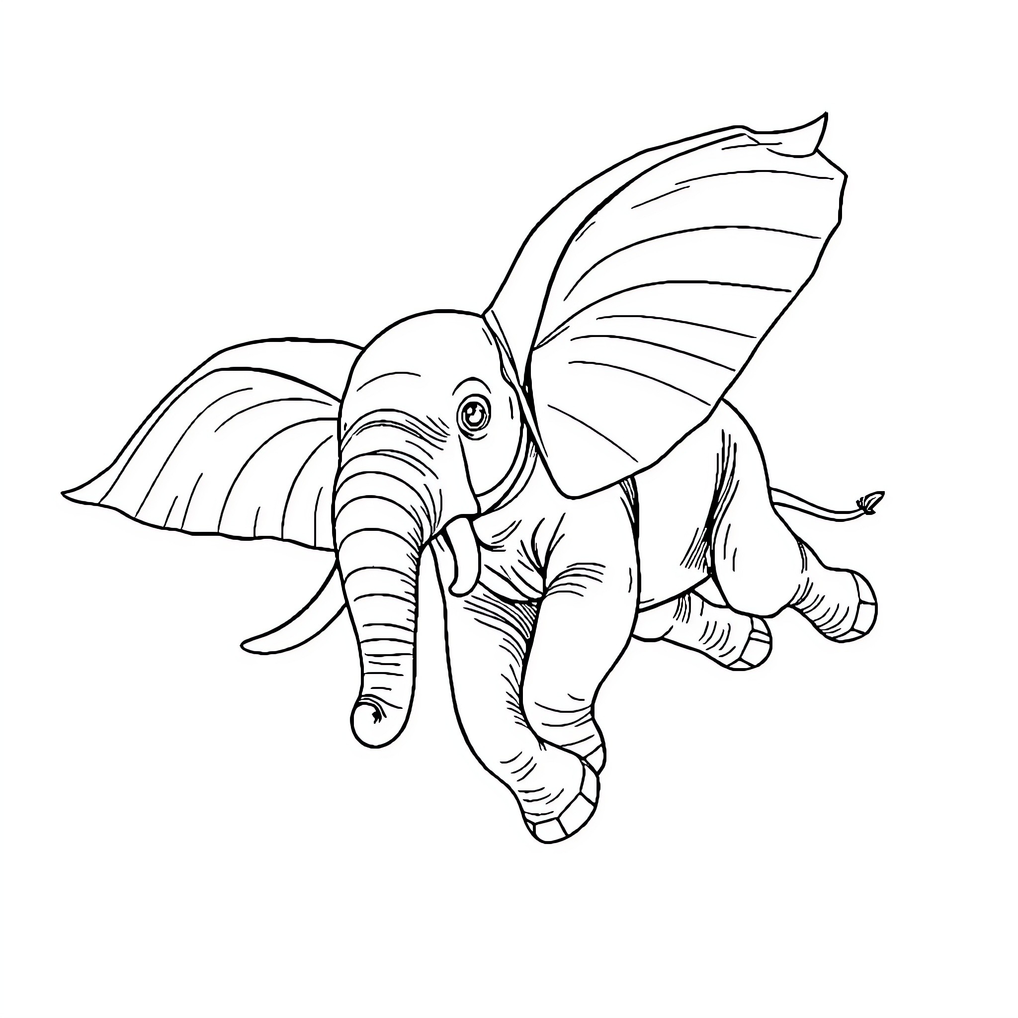 Flying Elephant soaring gracefully Coloring Page (free black-and-white line drawing printable PDF for all, from beginners to advanced learners, including children, teens, adults, and seniors)