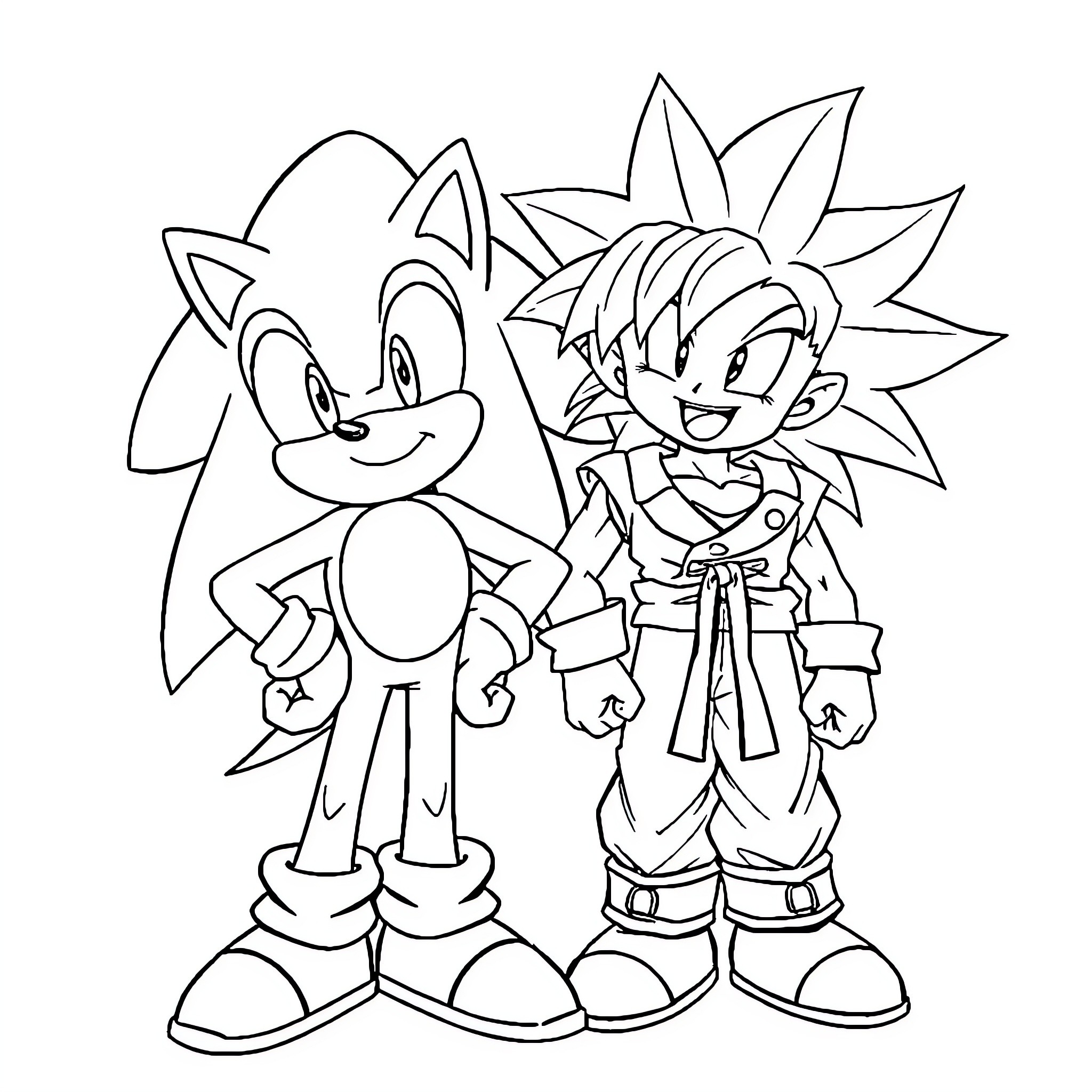 Sonic and a Cartoon Character Posing Happily Coloring Page (free black-and-white line drawing printable PDF for all, from beginners to advanced learners, including children, teens, adults, and seniors)