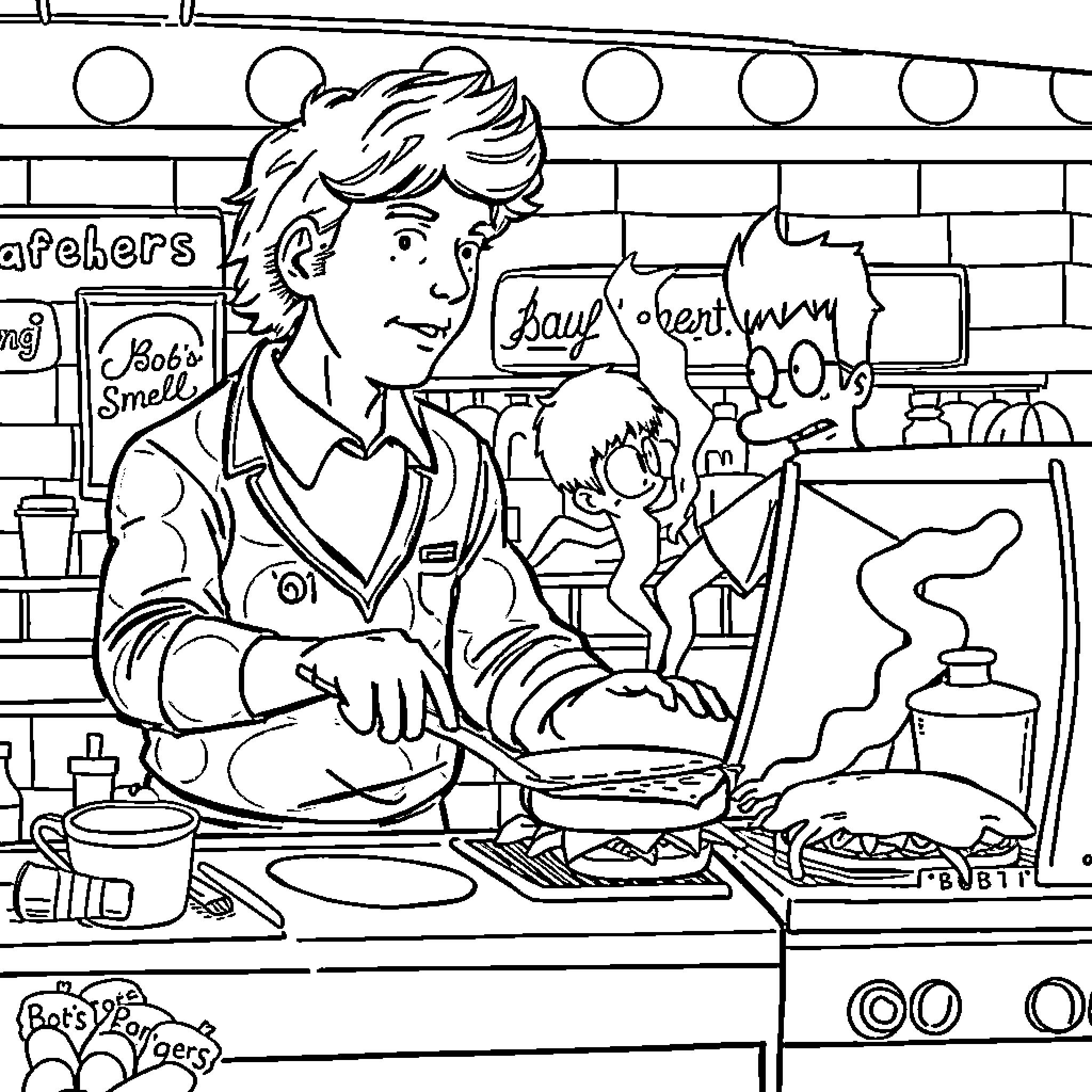 Napoleon Dynamite Making Culinary Creations in the Kitchen Coloring Page (free black-and-white line drawing printable PDF for all, from beginners to advanced learners, including children, teens, adults, and seniors)