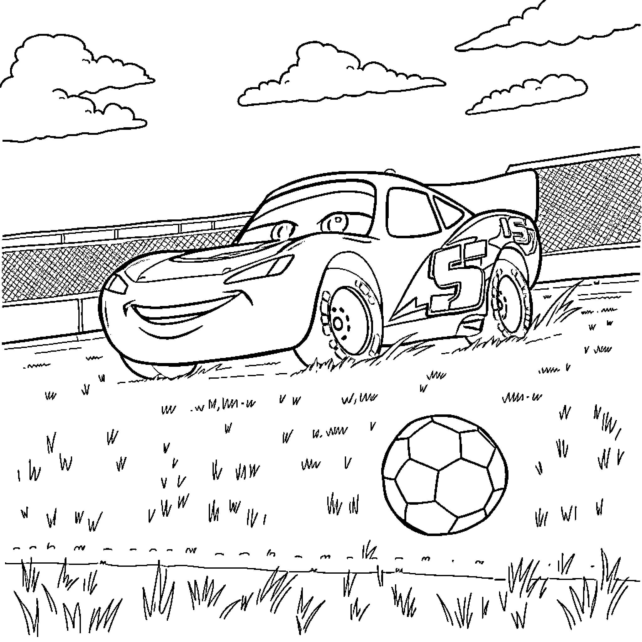 Lightning McQueen playing with soccer ball in the field Coloring Page (free black-and-white line drawing printable PDF for all, from beginners to advanced learners, including children, teens, adults, and seniors)