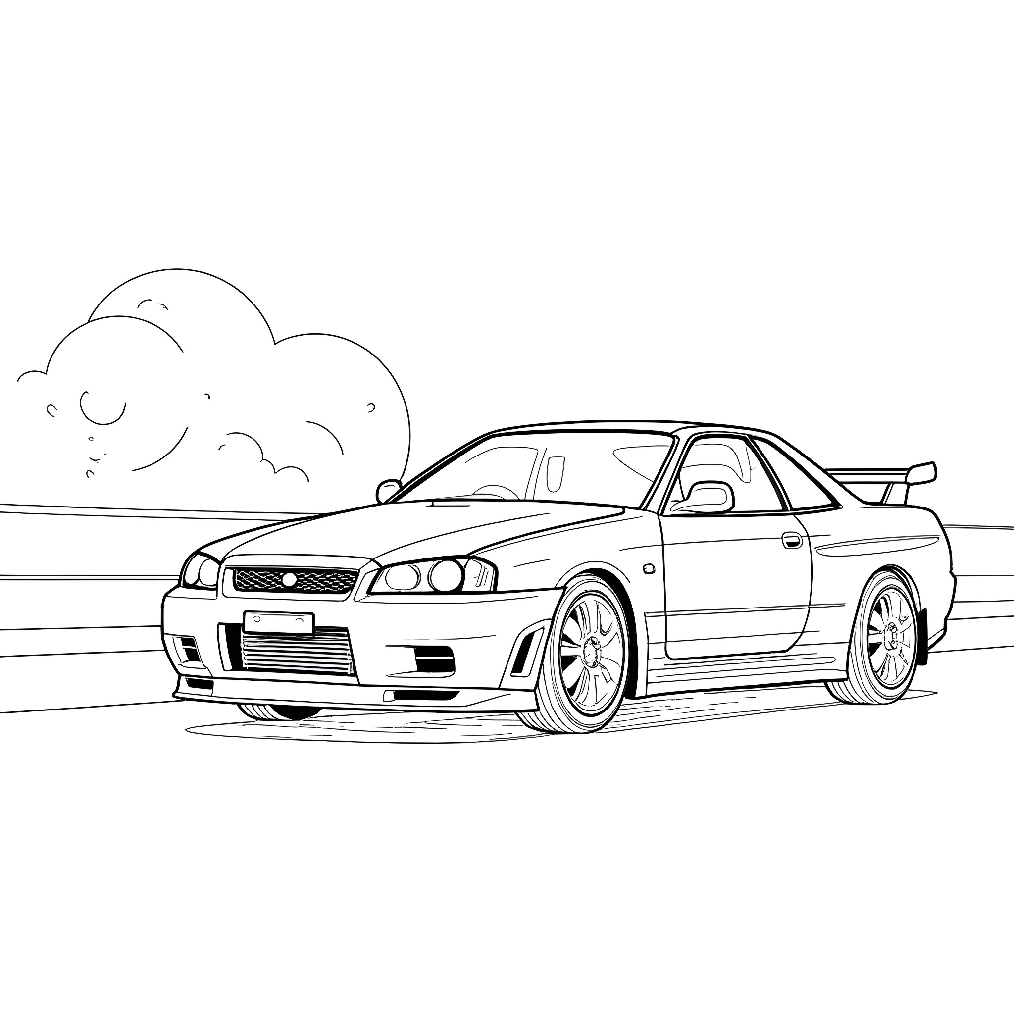 Luke Skywalker's Iconic Nissan Skyline GT-R Sports Car Coloring Page (free black-and-white line drawing printable PDF for all, from beginners to advanced learners, including children, teens, adults, and seniors)
