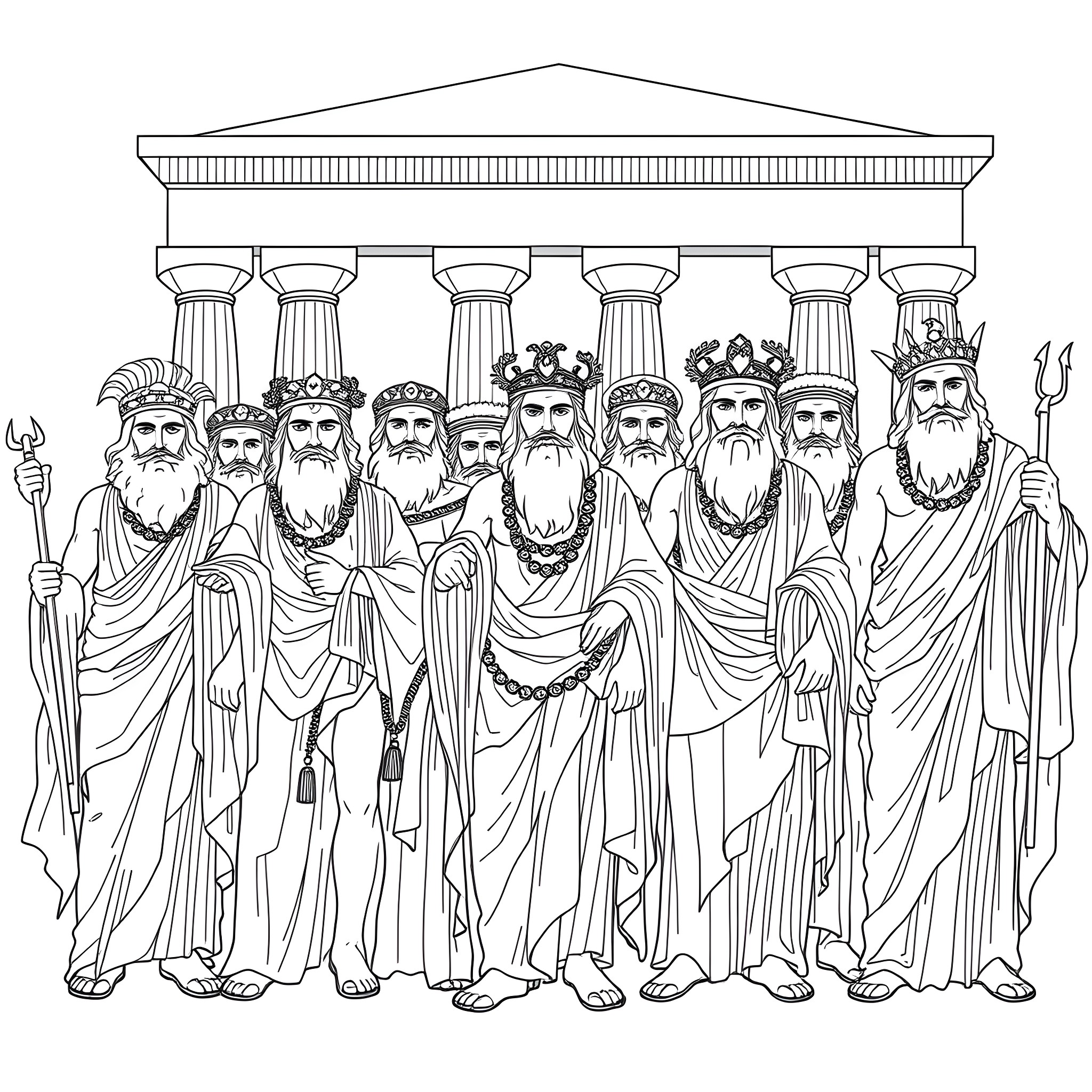 Greek God Emperors Standing Majestically in Front of a Temple Coloring Page (free black-and-white line drawing printable PDF for all, from beginners to advanced learners, including children, teens, adults, and seniors)