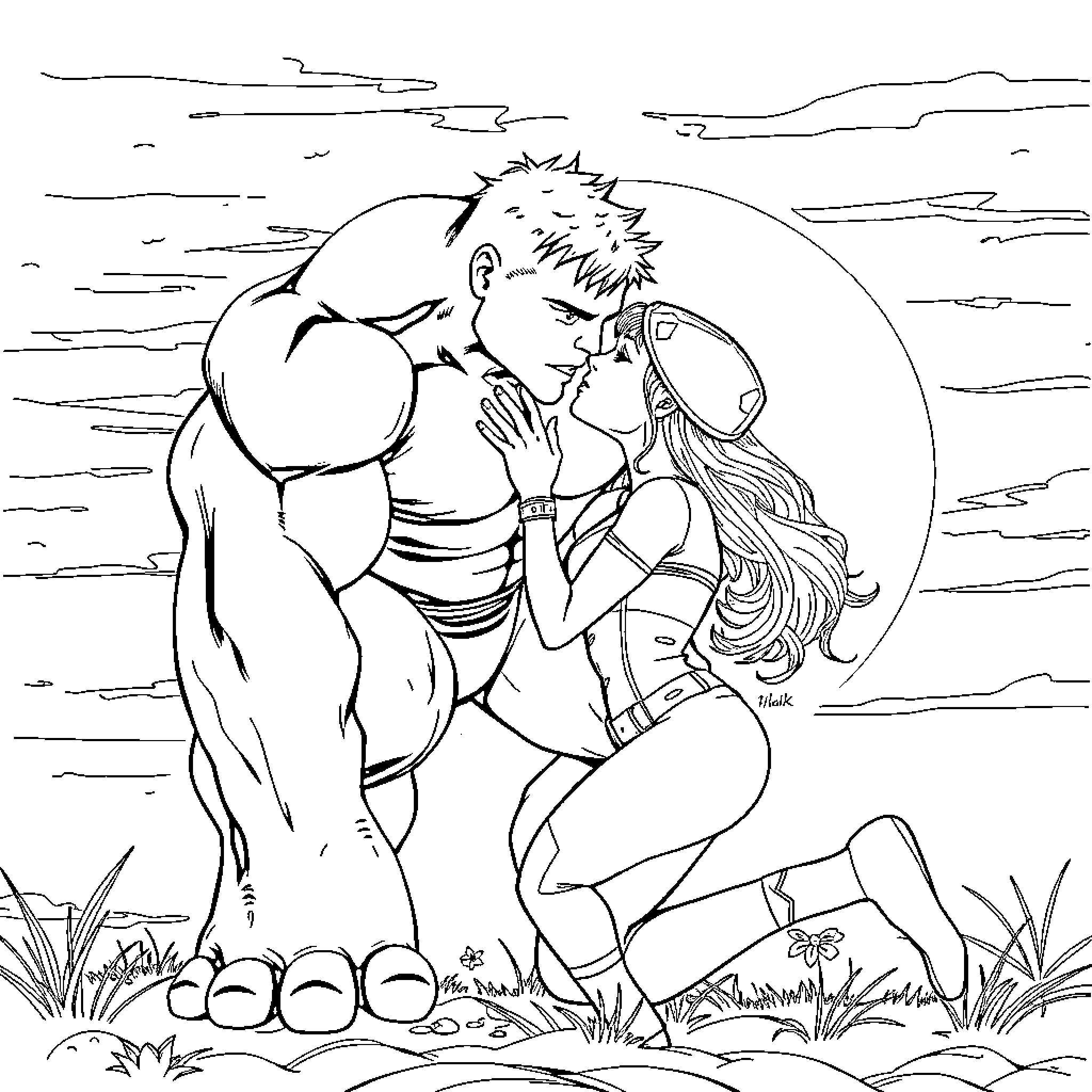 Hulk embracing his love in the moonlight Coloring Page (free black-and-white line drawing printable PDF for all, from beginners to advanced learners, including children, teens, adults, and seniors)