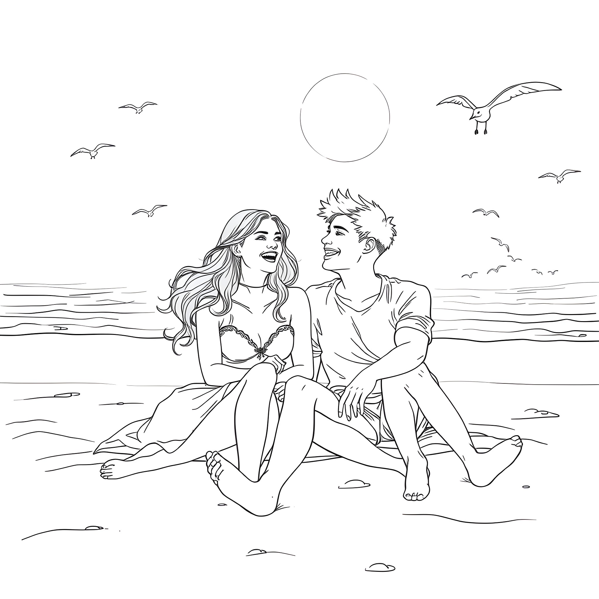 Emma Carstairs and Julian Blackthorn enjoying the beach Coloring Page (free black-and-white line drawing printable PDF for all, from beginners to advanced learners, including children, teens, adults, and seniors)