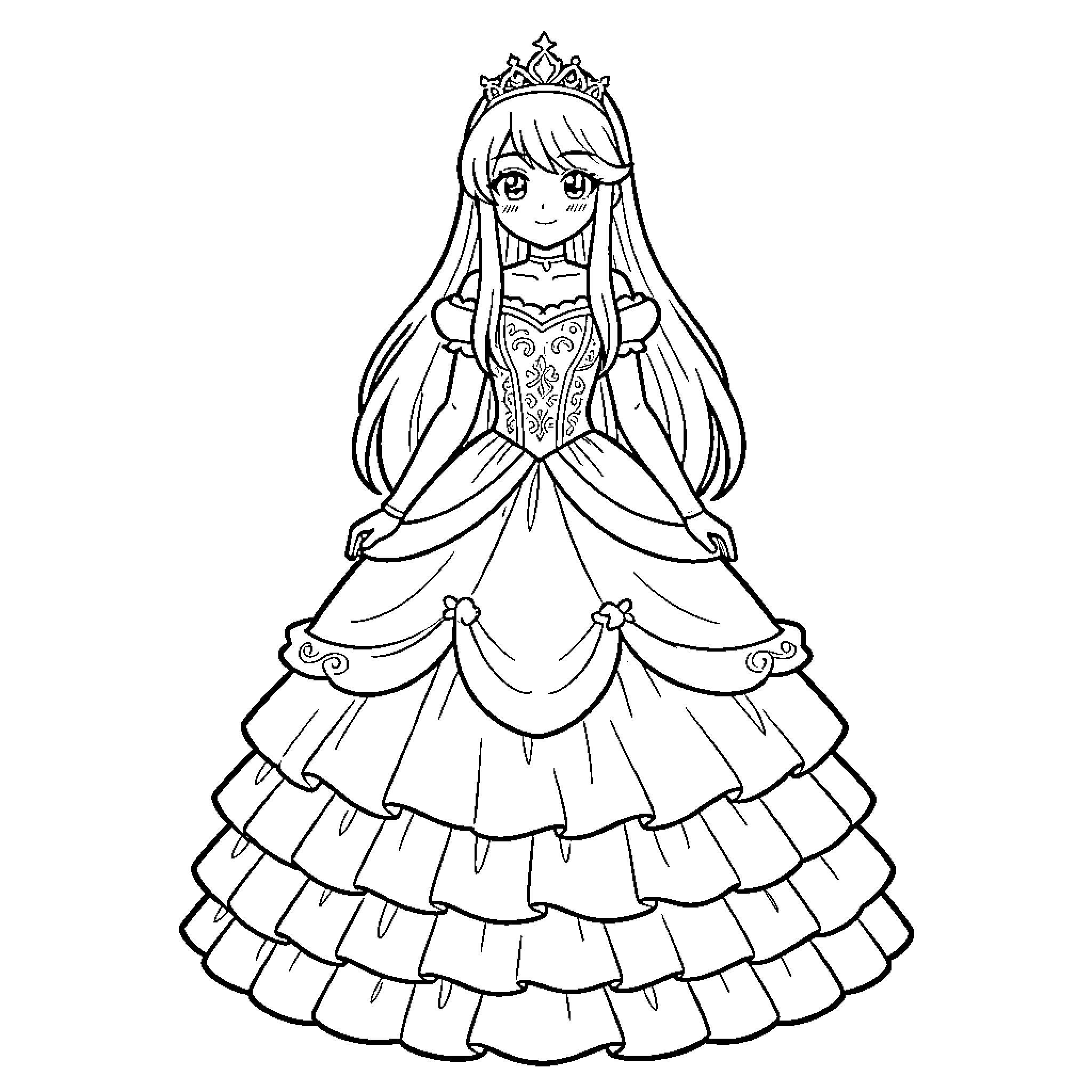Anime Girl wearing a princess crown and ballgown Coloring Page (free black-and-white line drawing printable PDF for all, from beginners to advanced learners, including children, teens, adults, and seniors)