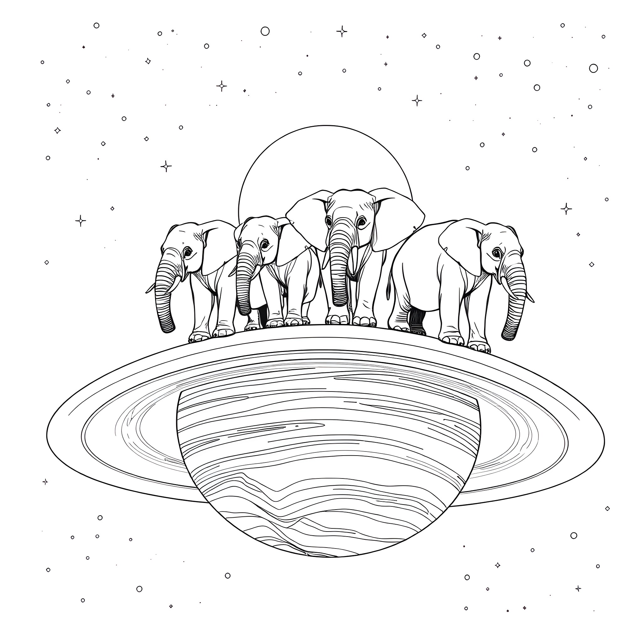 Elephant herd walking on cosmic landscape Coloring Page (free black-and-white line drawing printable PDF for all, from beginners to advanced learners, including children, teens, adults, and seniors)