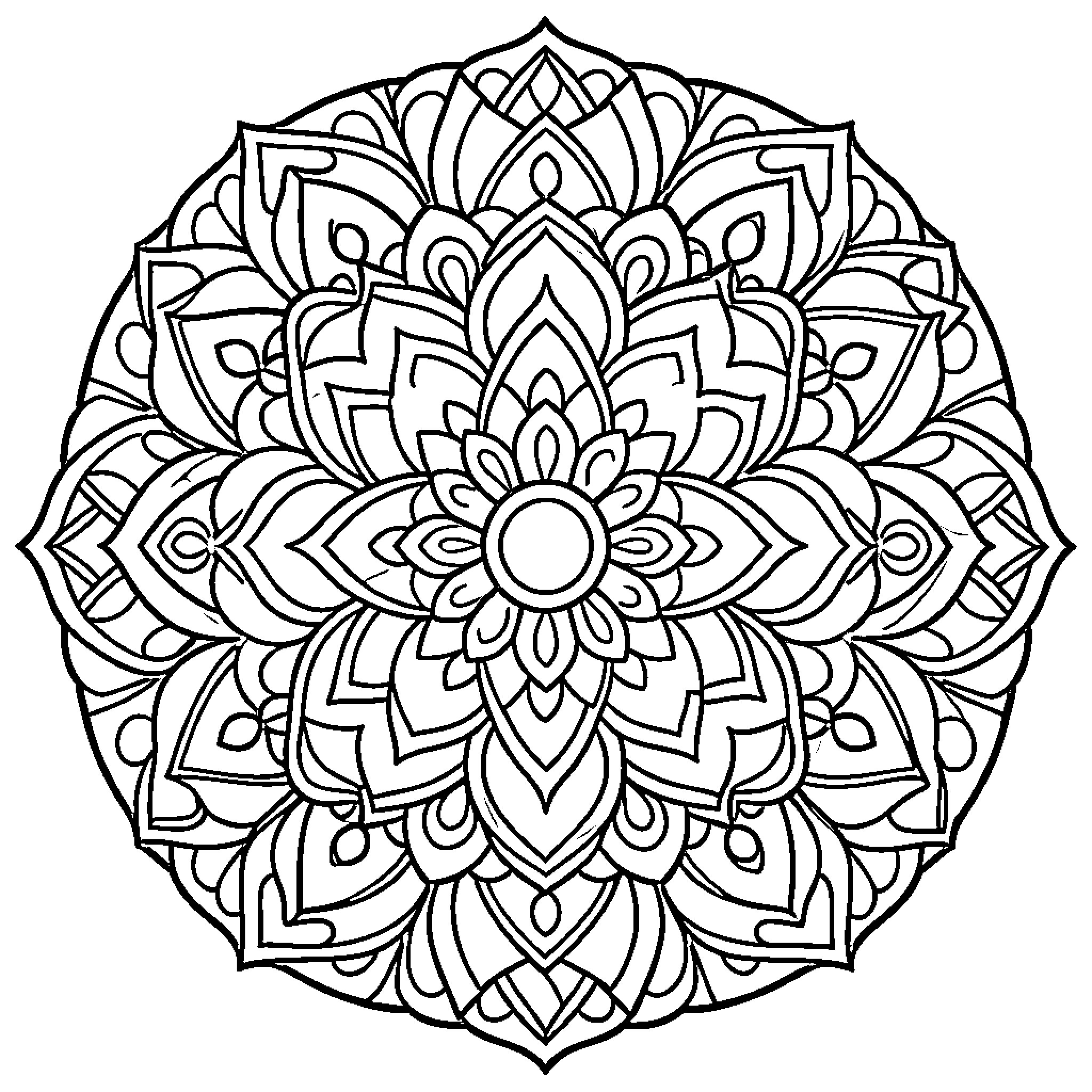 Mandala of intricate floral patterns Coloring Page (free black-and-white line drawing printable PDF for all, from beginners to advanced learners, including children, teens, adults, and seniors)