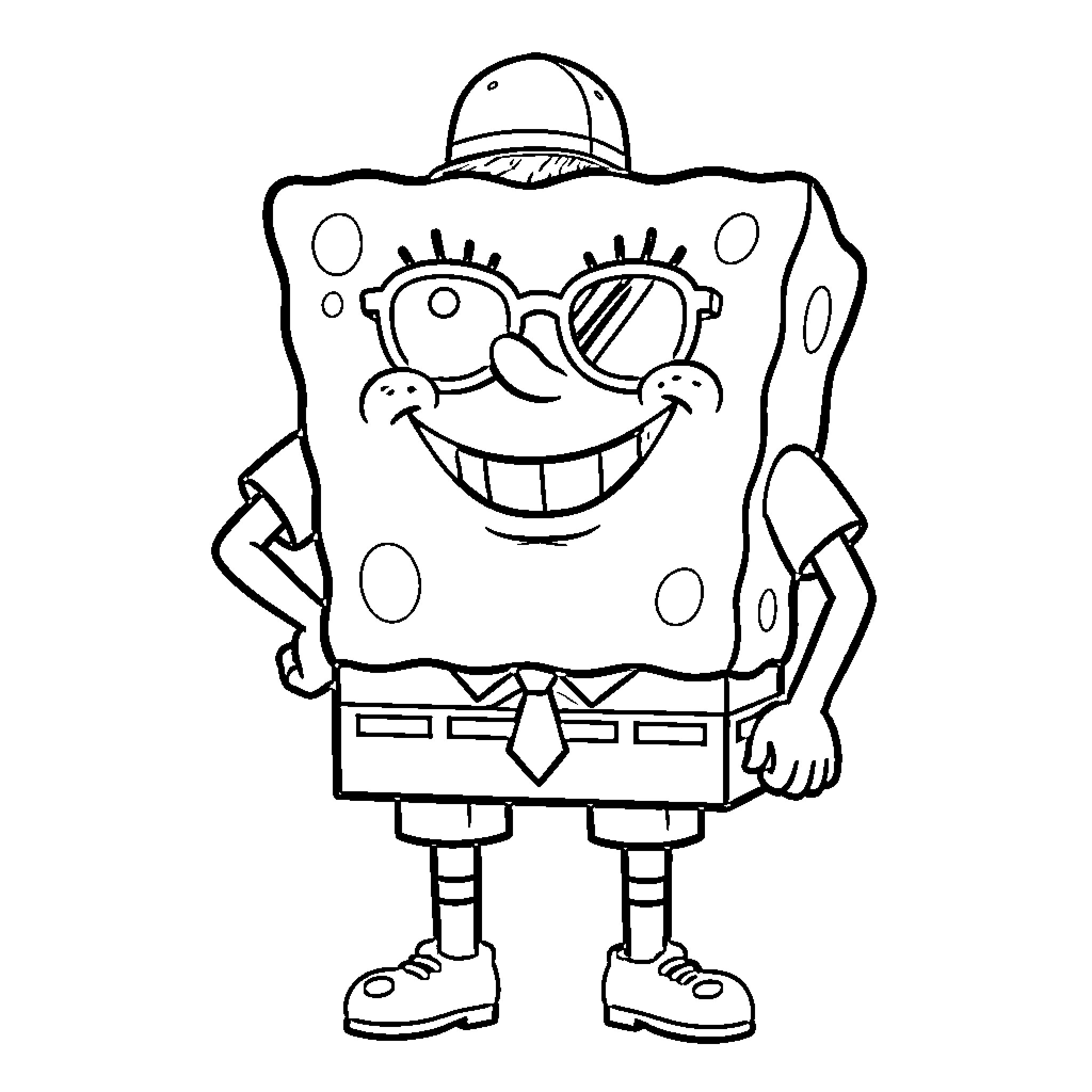 SpongeBozz's Cheerful Cartoon Character Coloring Page (free black-and-white line drawing printable PDF for all, from beginners to advanced learners, including children, teens, adults, and seniors)