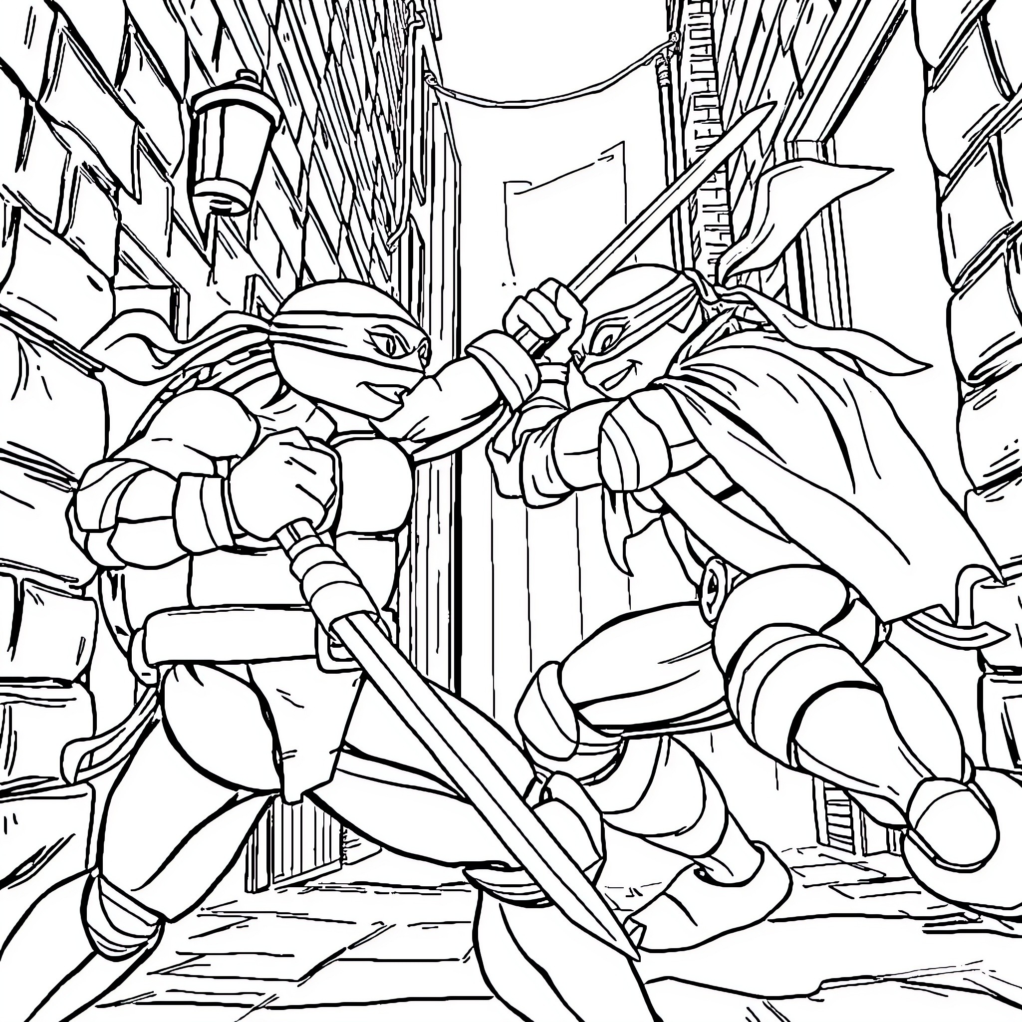 Teenage Mutant Ninja Turtles in Epic Battle Coloring Page (free black-and-white line drawing printable PDF for all, from beginners to advanced learners, including children, teens, adults, and seniors)