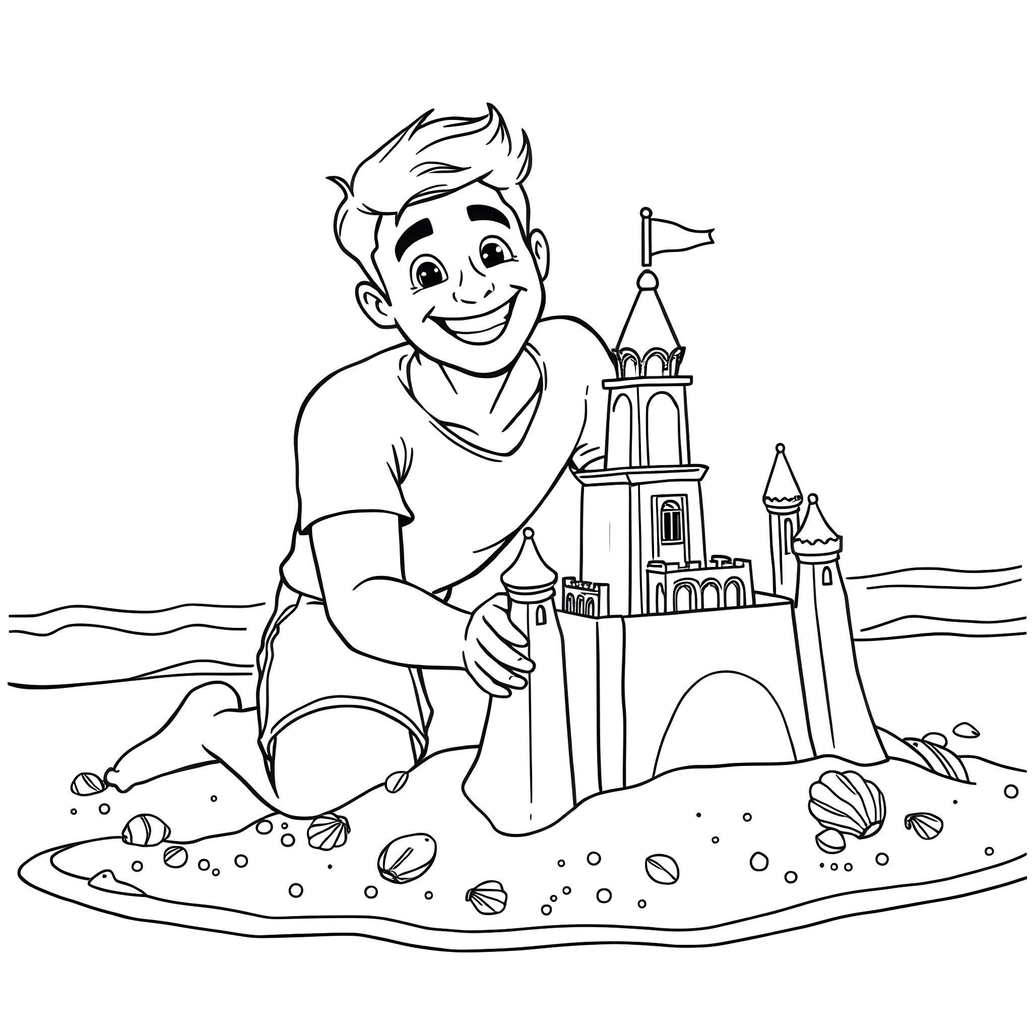 Guy building a sandcastle on the beach Coloring Page (free black-and-white line drawing printable PDF for all, from beginners to advanced learners, including children, teens, adults, and seniors)