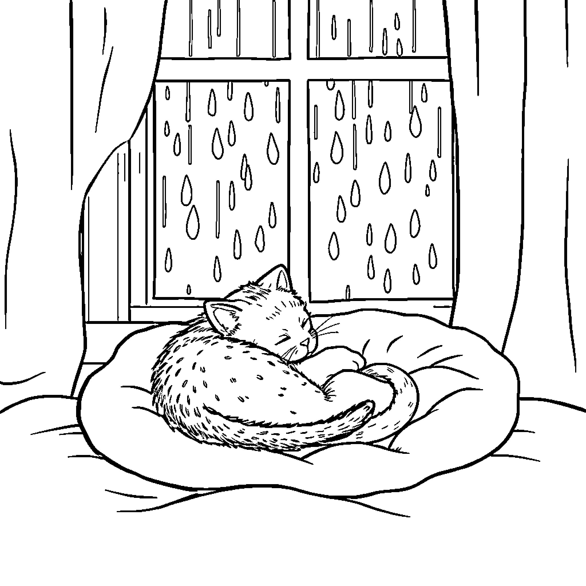 Kitten curled up sleeping comfortably Coloring Page (free black-and-white line drawing printable PDF for all, from beginners to advanced learners, including children, teens, adults, and seniors)