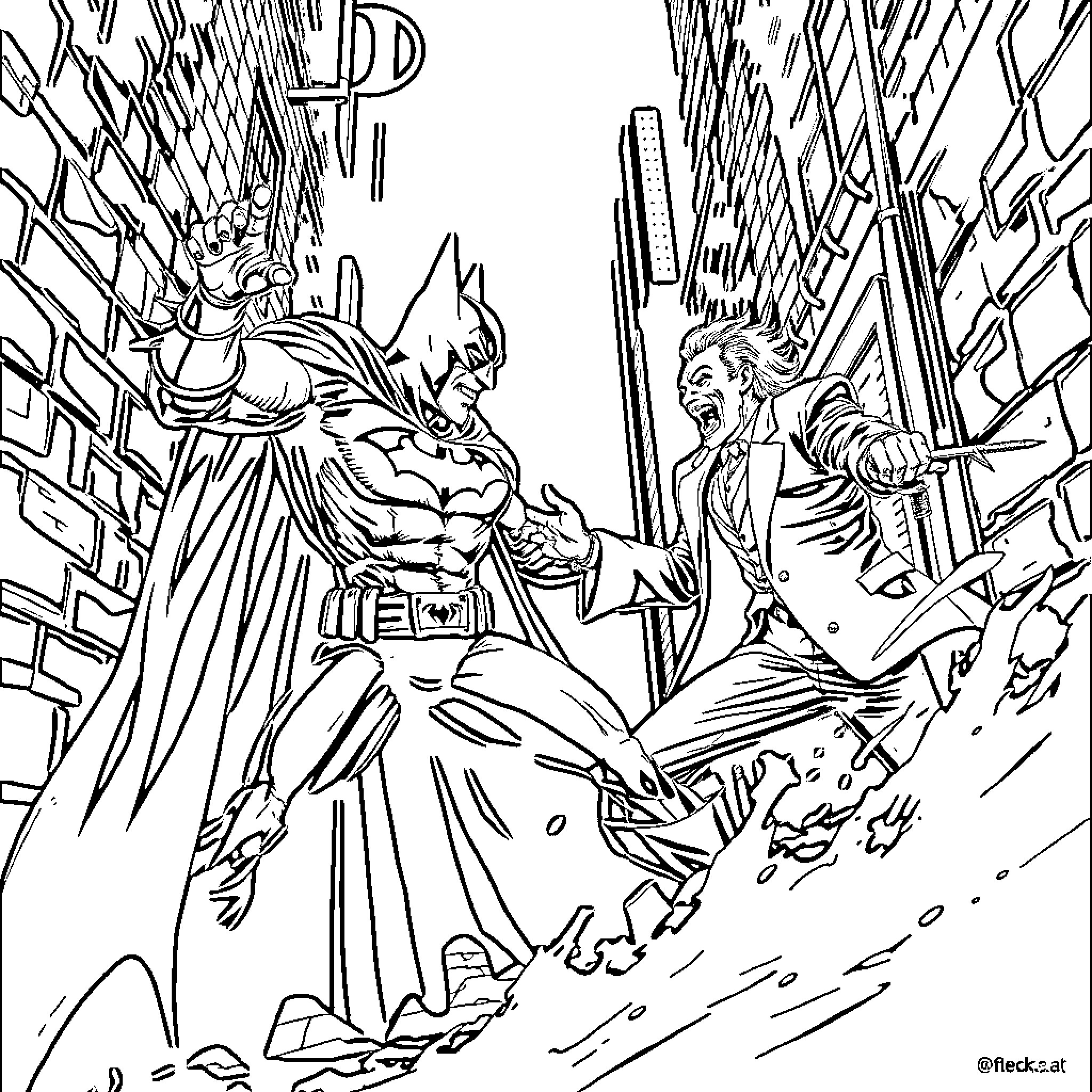 Batman confronting the Joker in an intense battle Coloring Page (free black-and-white line drawing printable PDF for all, from beginners to advanced learners, including children, teens, adults, and seniors)