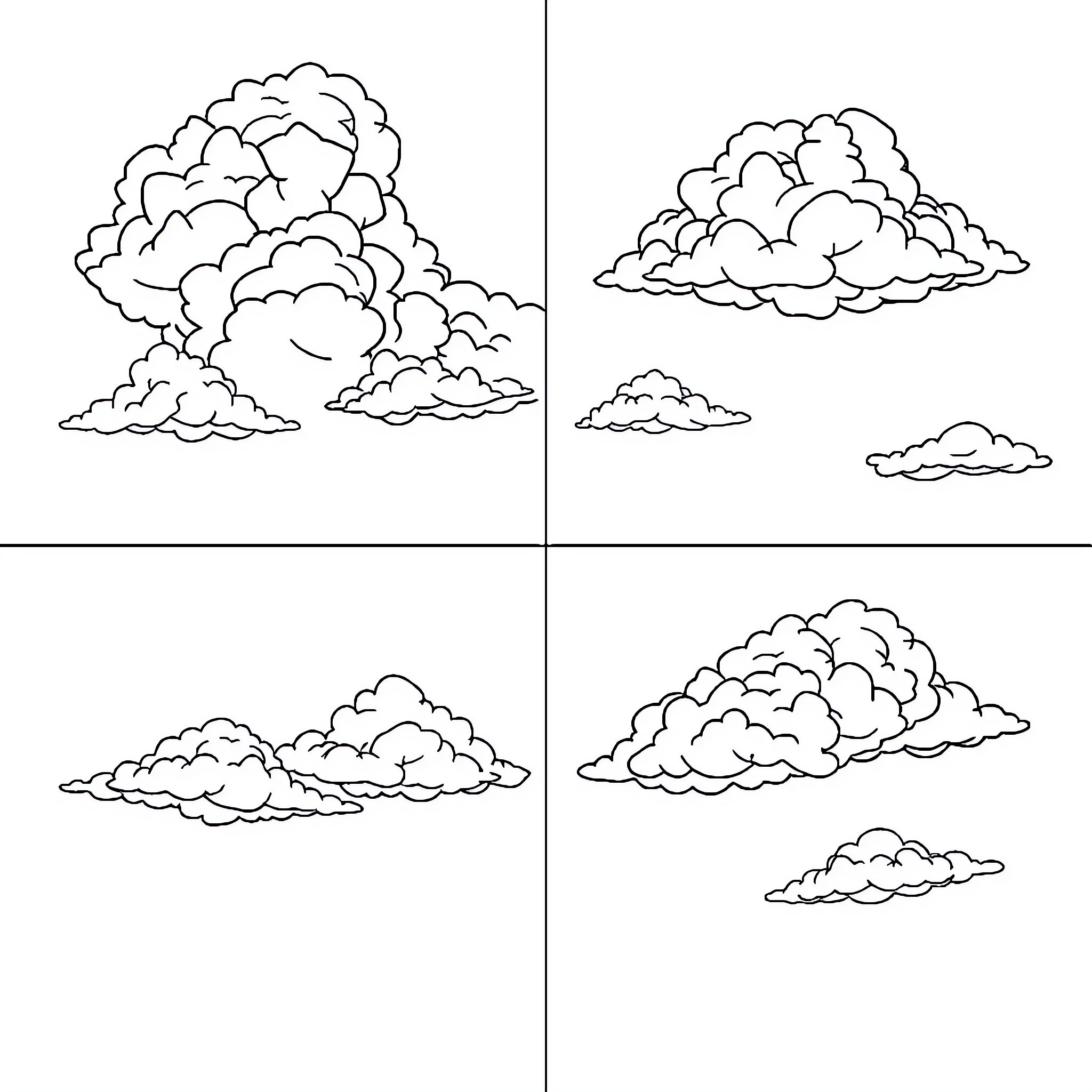 Cloud formations in the sky Coloring Page (free black-and-white line drawing printable PDF for all, from beginners to advanced learners, including children, teens, adults, and seniors)