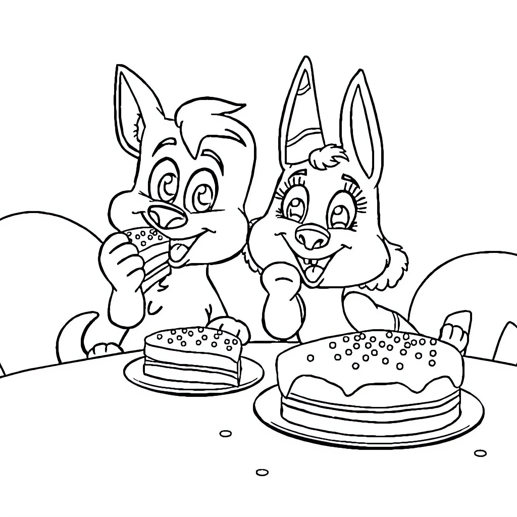 Bluey and Bingo Enjoying Dessert Together Coloring Page (free black-and-white line drawing printable PDF for all, from beginners to advanced learners, including children, teens, adults, and seniors)