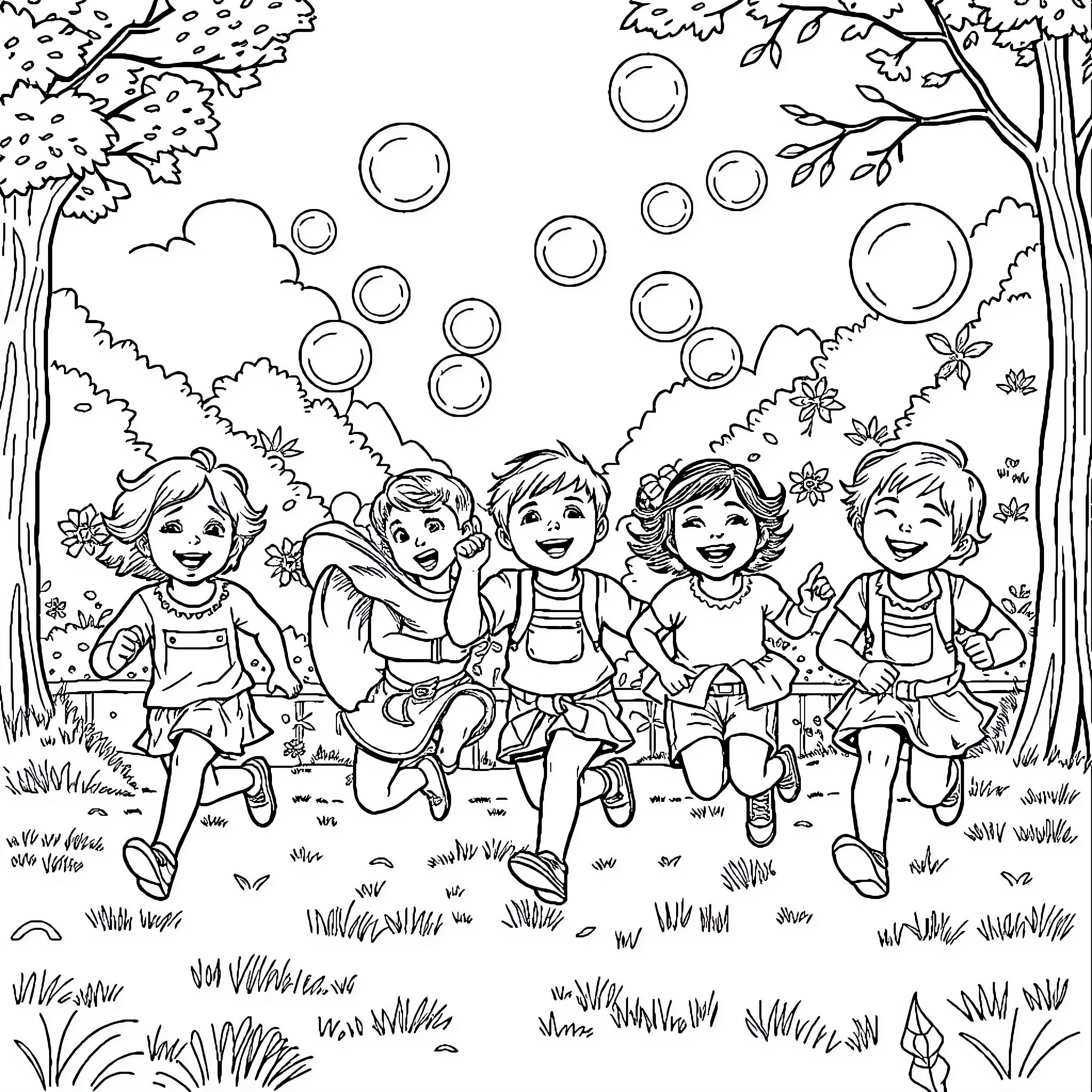 Child playing joyfully with friends in outdoor scene Coloring Page (free black-and-white line drawing printable PDF for all, from beginners to advanced learners, including children, teens, adults, and seniors)