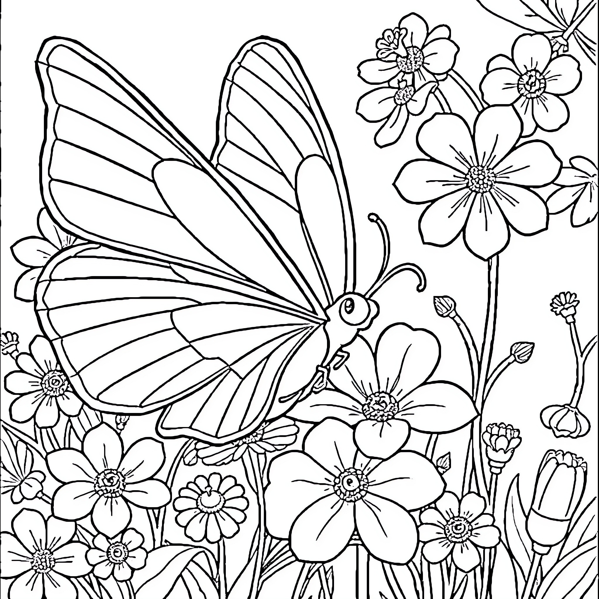 Butterfly flying amidst beautiful blooming flowers Coloring Page (free black-and-white line drawing printable PDF for all, from beginners to advanced learners, including children, teens, adults, and seniors)