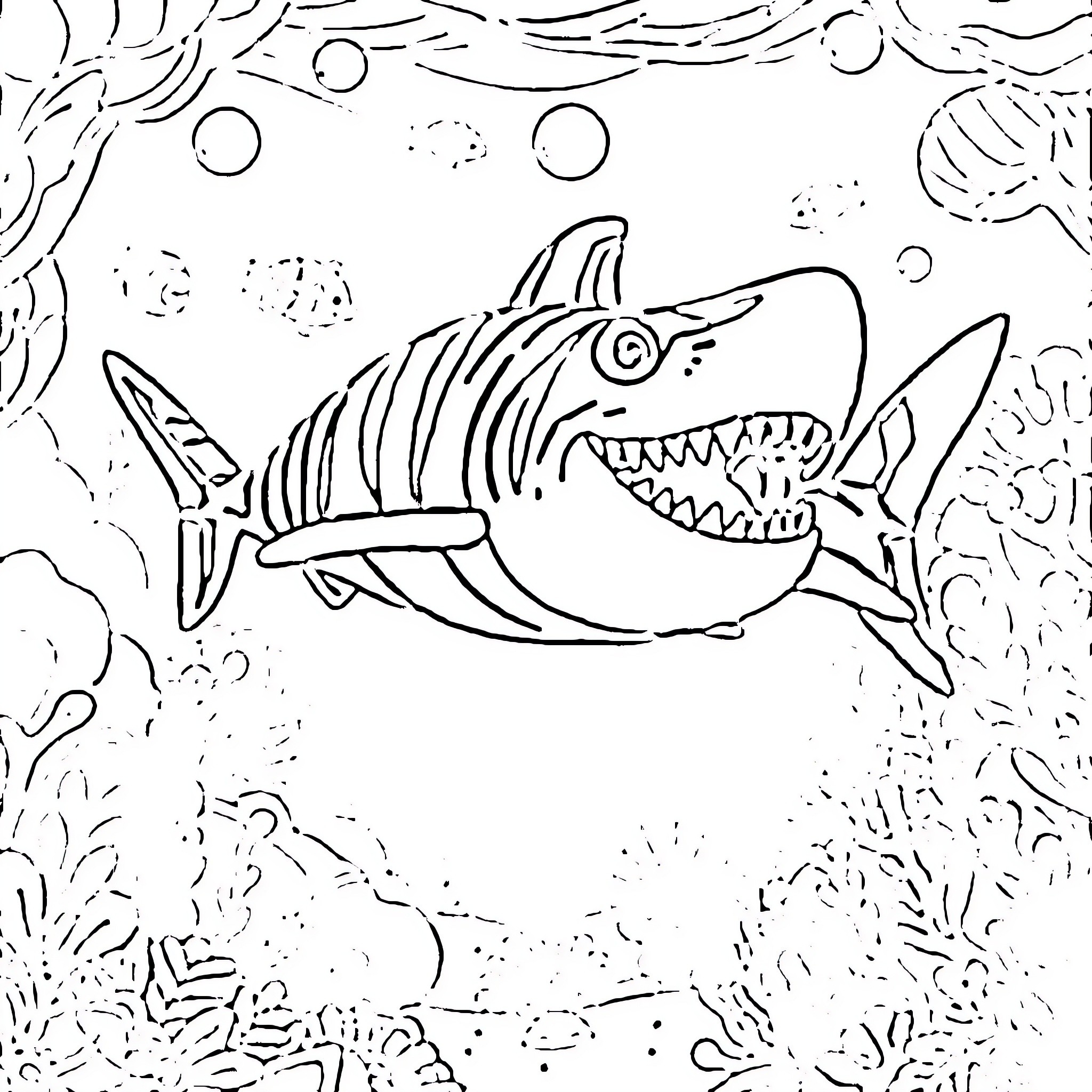 Tiger Shark hunting in the deep sea Coloring Page (free black-and-white line drawing printable PDF for all, from beginners to advanced learners, including children, teens, adults, and seniors)