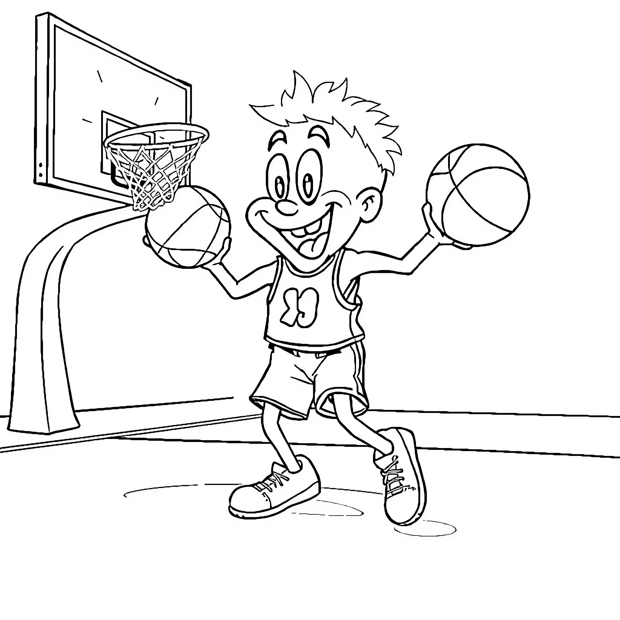 Spongebob playing basketball happily on the court Coloring Page (free black-and-white line drawing printable PDF for all, from beginners to advanced learners, including children, teens, adults, and seniors)