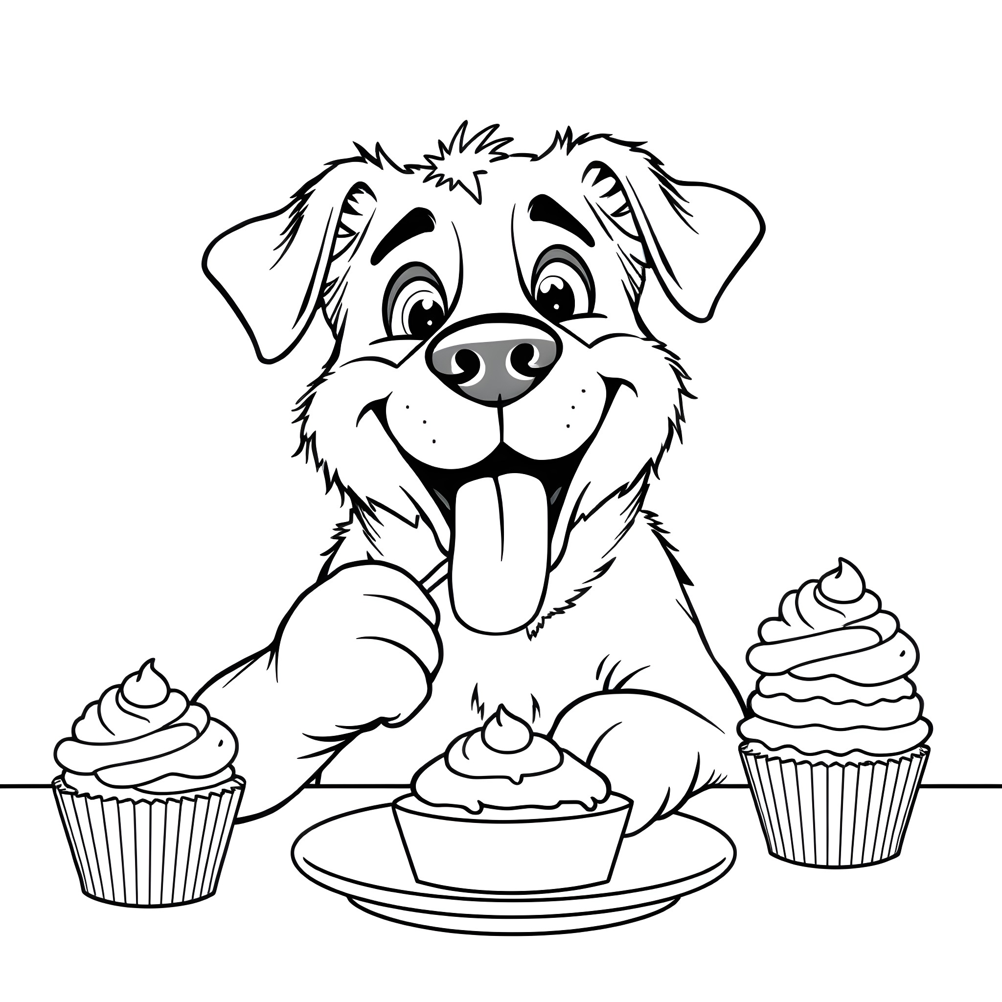 Dog enjoying delicious cupcakes happily Coloring Page (free black-and-white line drawing printable PDF for all, from beginners to advanced learners, including children, teens, adults, and seniors)
