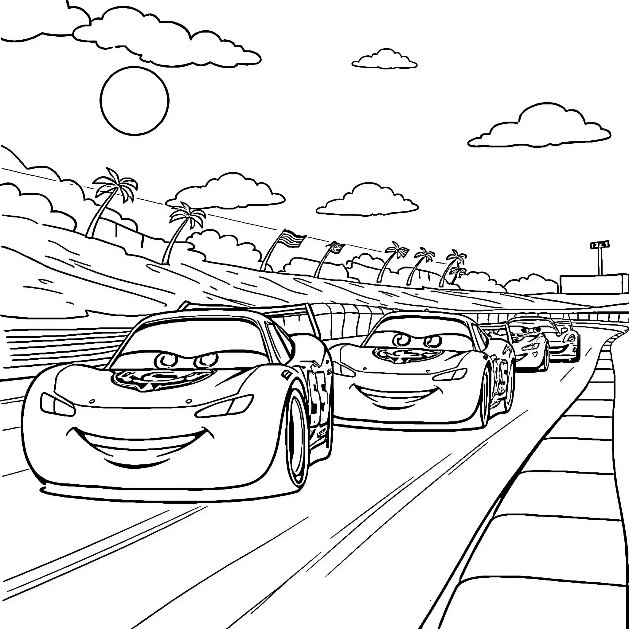 Car racing on a tropical highway Coloring Page (free black-and-white line drawing printable PDF for all, from beginners to advanced learners, including children, teens, adults, and seniors)