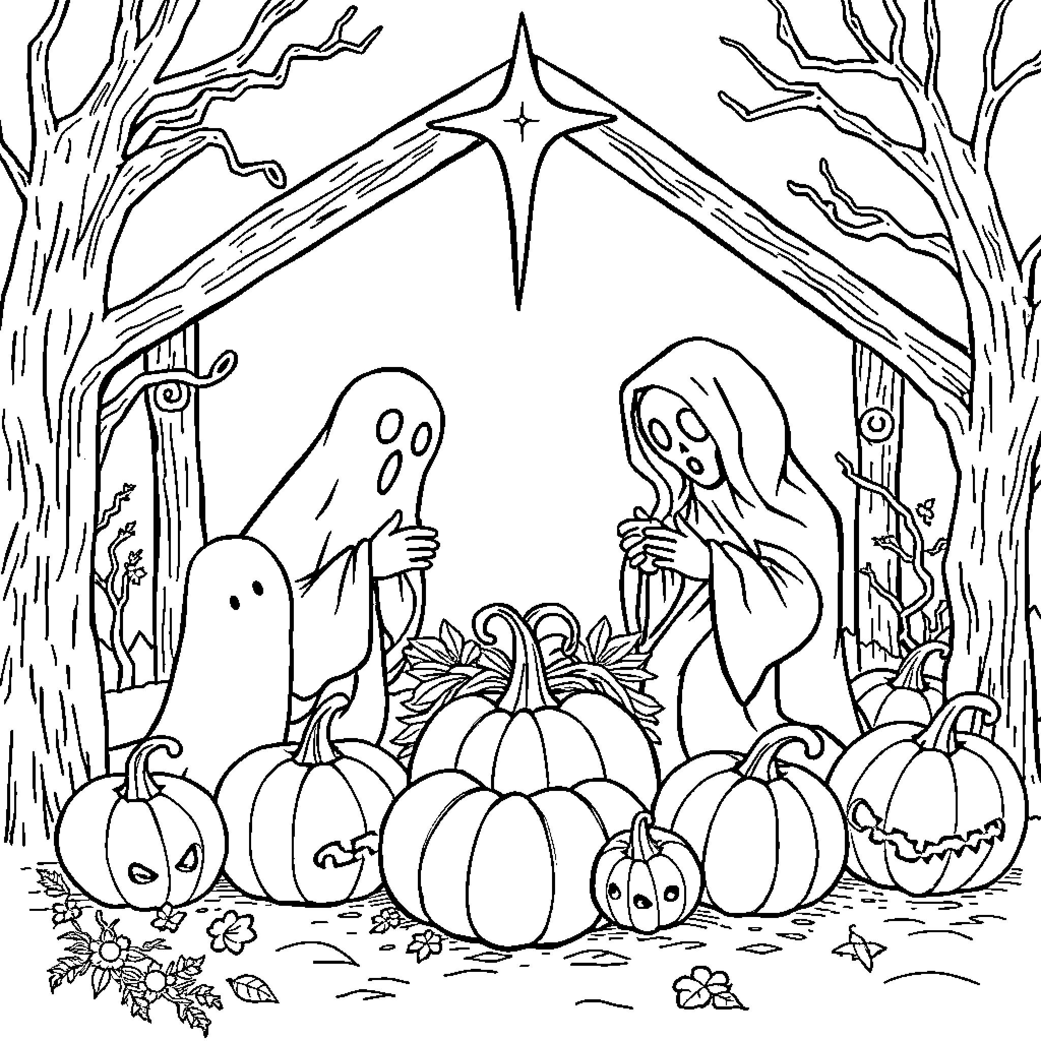 Halloween spooky scene with ghosts and jack-o'-lanterns Coloring Page (free black-and-white line drawing printable PDF for all, from beginners to advanced learners, including children, teens, adults, and seniors)