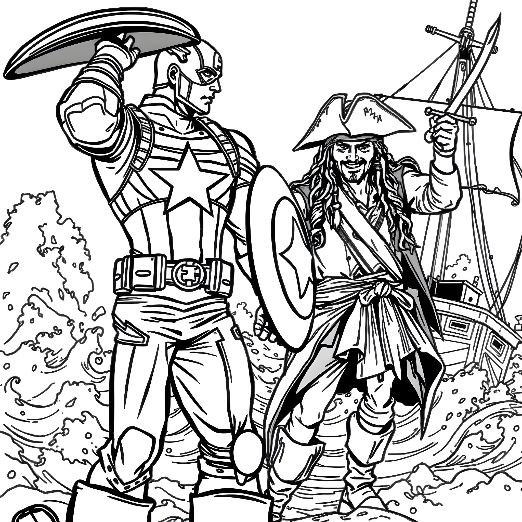 Captain America and Pirate Captain Fighting Side by Side Coloring Page (free black-and-white line drawing printable PDF for all, from beginners to advanced learners, including children, teens, adults, and seniors)