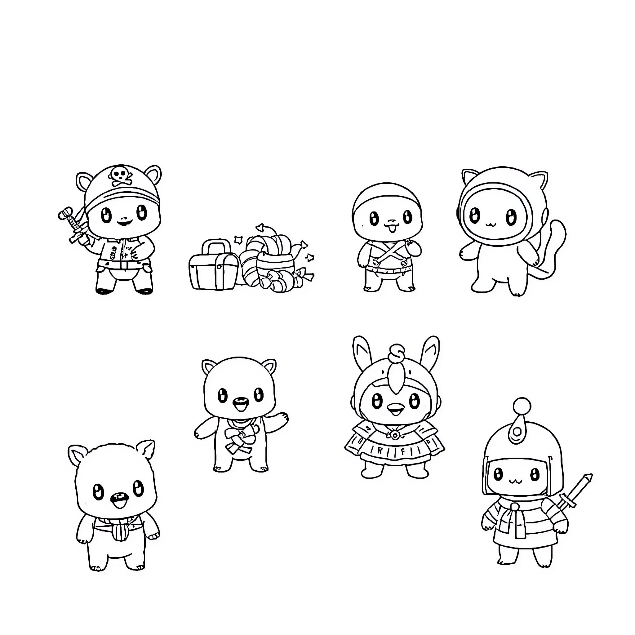 Labubu and friends in cute adventures Coloring Page (free black-and-white line drawing printable PDF for all, from beginners to advanced learners, including children, teens, adults, and seniors)