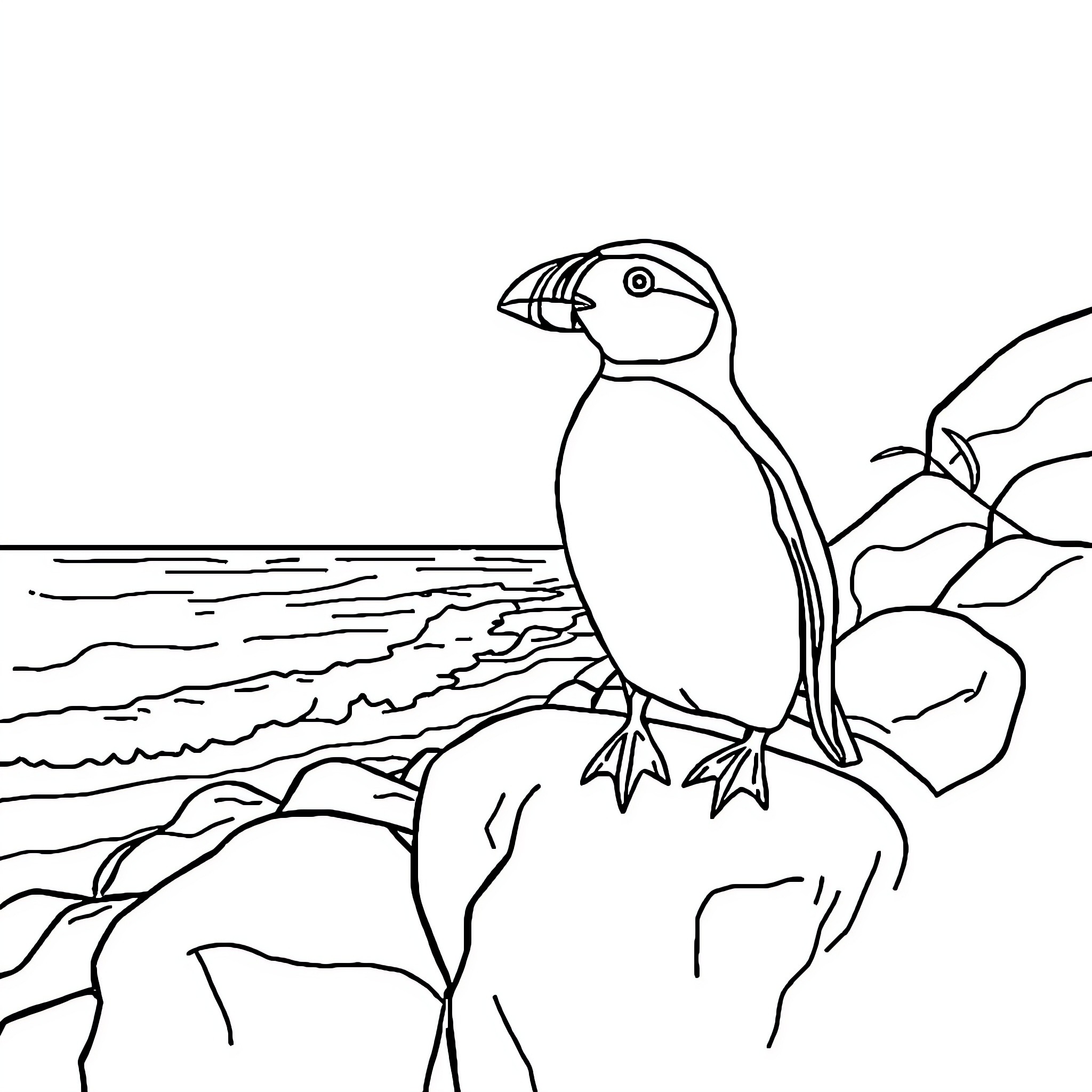Penguin perched on rocky cliff overlooking the sea Coloring Page (free black-and-white line drawing printable PDF for all, from beginners to advanced learners, including children, teens, adults, and seniors)