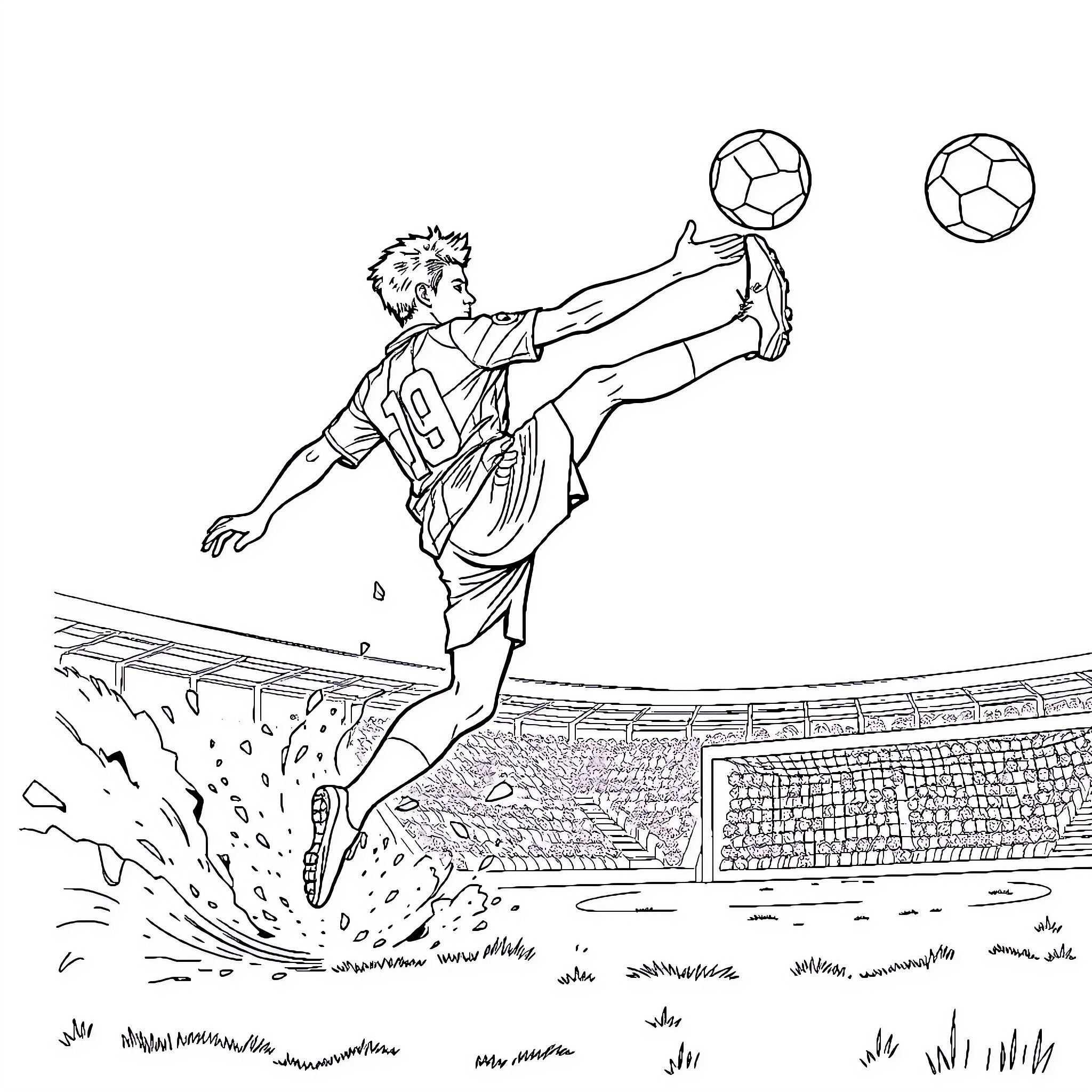 Bicycle Kick Soccer Player Leaping for the Ball Coloring Page (free black-and-white line drawing printable PDF for all, from beginners to advanced learners, including children, teens, adults, and seniors)