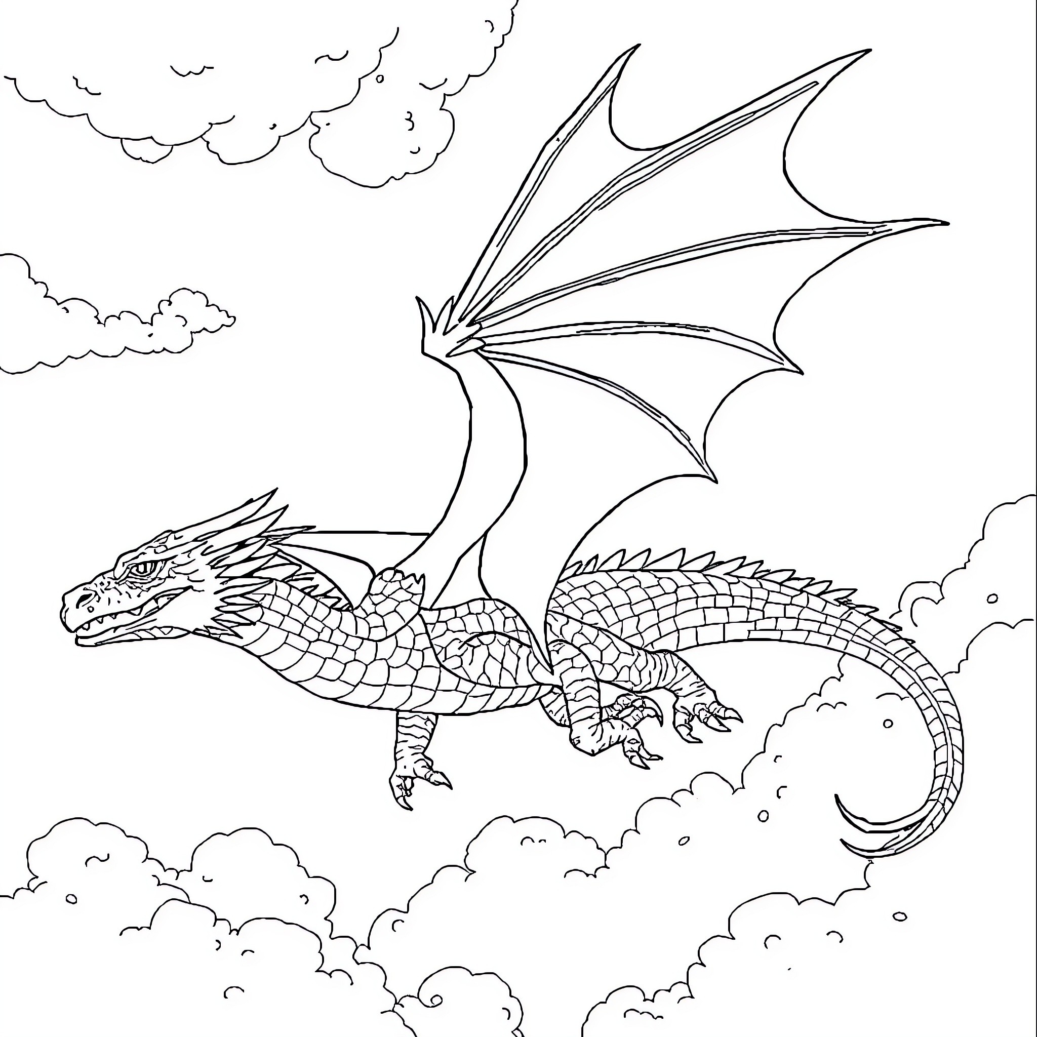 Dragon soaring among the clouds Coloring Page (free black-and-white line drawing printable PDF for all, from beginners to advanced learners, including children, teens, adults, and seniors)