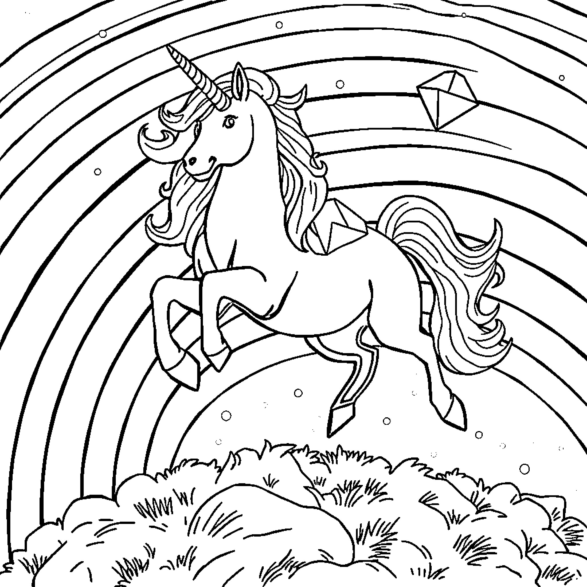Unicorn leaping joyfully in a whimsical landscape Coloring Page (free black-and-white line drawing printable PDF for all, from beginners to advanced learners, including children, teens, adults, and seniors)