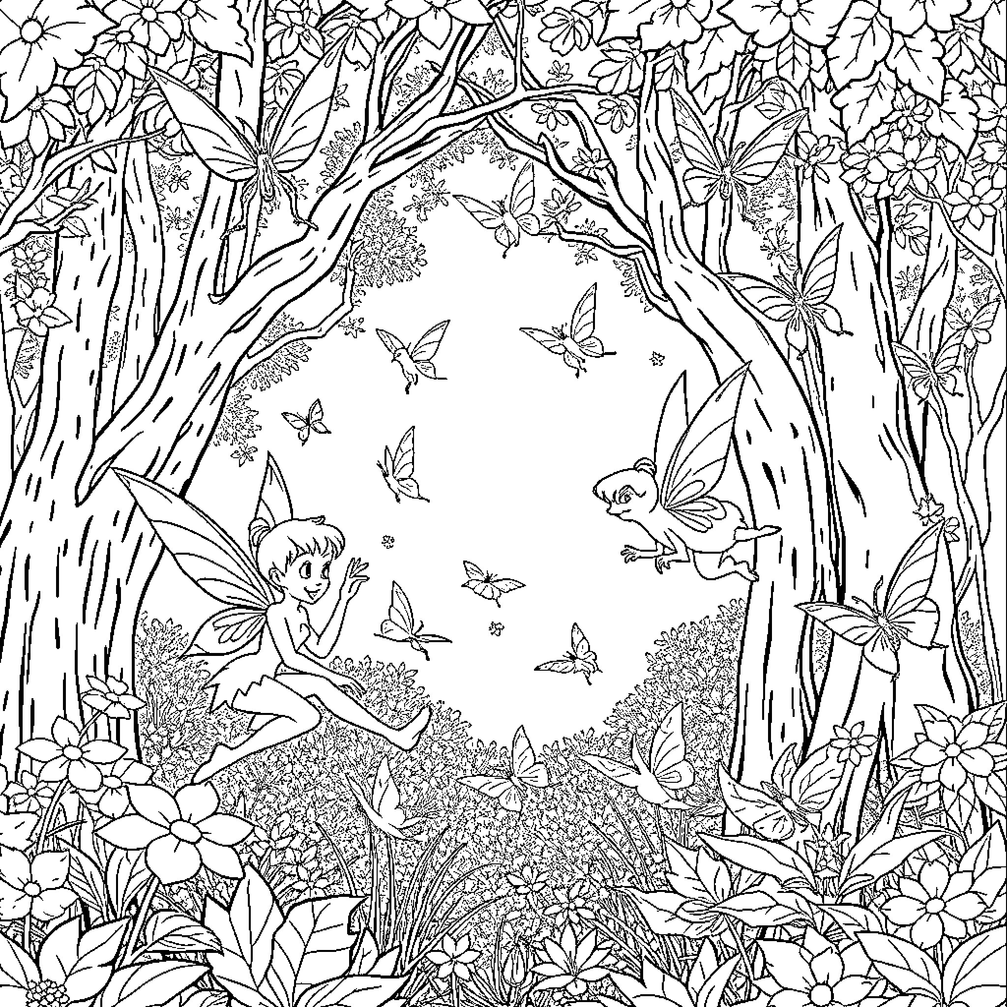 Tinker Bell enchants the forest with butterflies Coloring Page (free black-and-white line drawing printable PDF for all, from beginners to advanced learners, including children, teens, adults, and seniors)